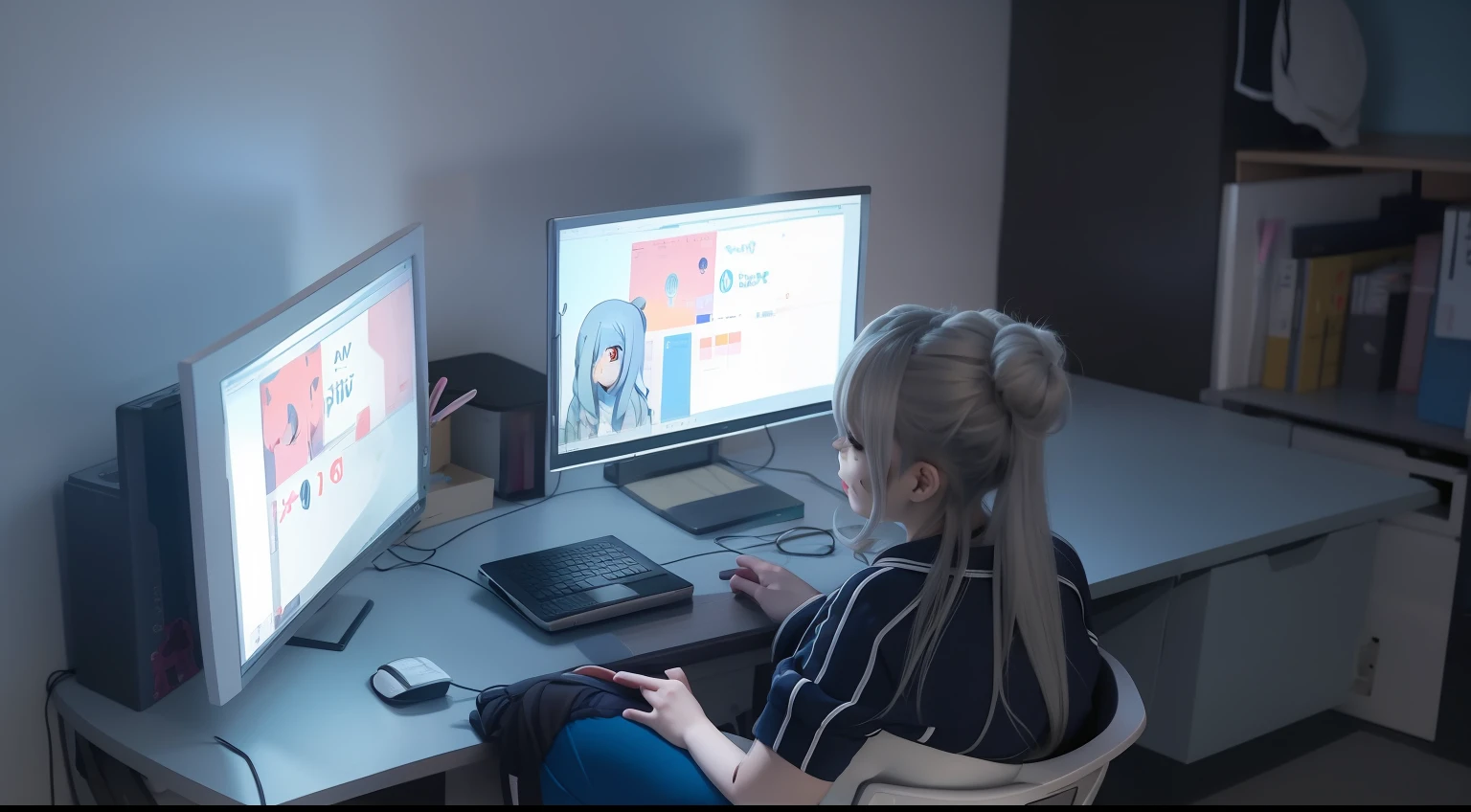 anime - style scene of a girl sitting at a desk with two computer screens, pixiv contest winner, pixiv style, digital art on pixiv, at pixiv, pixiv, anime style 4 k, trending on pixiv, nightcore, popular on pixiv, anime scene, pixiv trending, anime style”, anime girl desktop background, anime lover