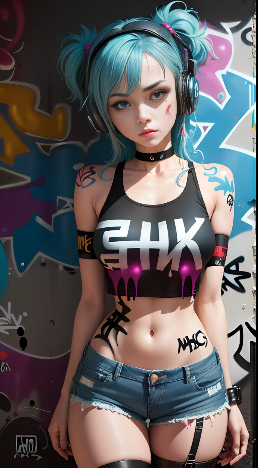 masterpiece, best quality, 1girl, solo, crop top, denim shorts, choker, (graffiti:1.5), paint splatter, arms behind back, against wall, looking at viewer, armband, thigh strap, paint on body, head tilt, bored, multicolored hair, aqua eyes, headset,