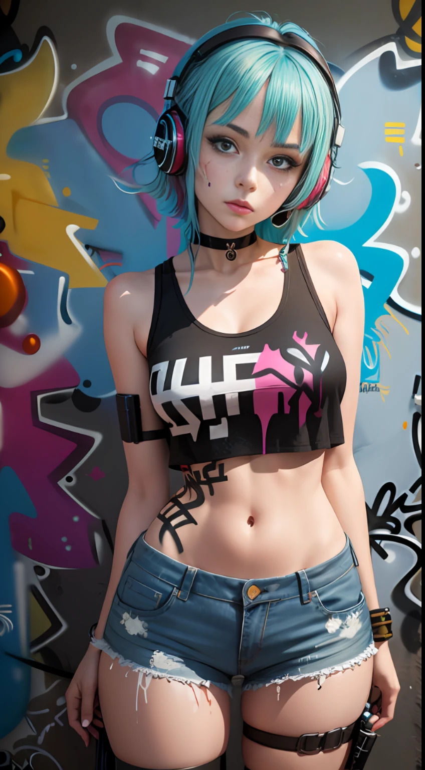 masterpiece, best quality, 1girl, solo, crop top, denim shorts, choker, (graffiti:1.5), paint splatter, arms behind back, against wall, looking at viewer, armband, thigh strap, paint on body, head tilt, bored, multicolored hair, aqua eyes, headset,