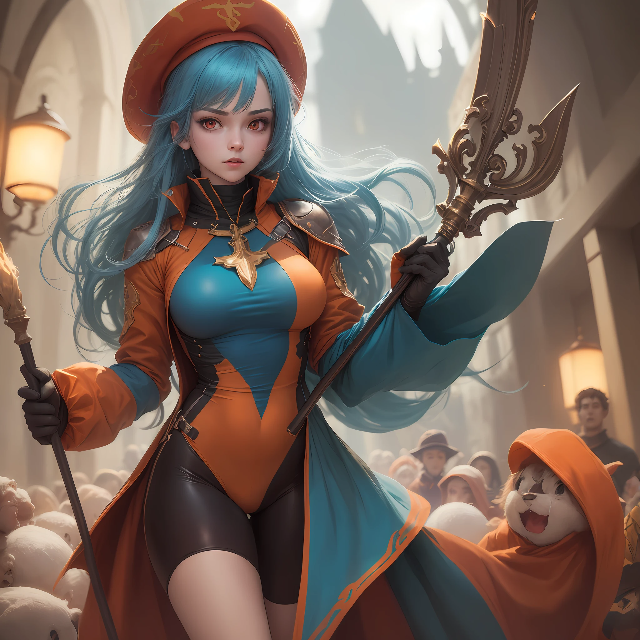 Priest (DQ3\), Orange Bodysuit, Long Hair, (1 Girl), Solo, Big, View Audience,, Red Eyes, Leaning Eyes, Gloves, Hat, Blue Hair, Aqua Hair, Bodysuit, Staff, Tabard, Crossprint, Mitre, --auto