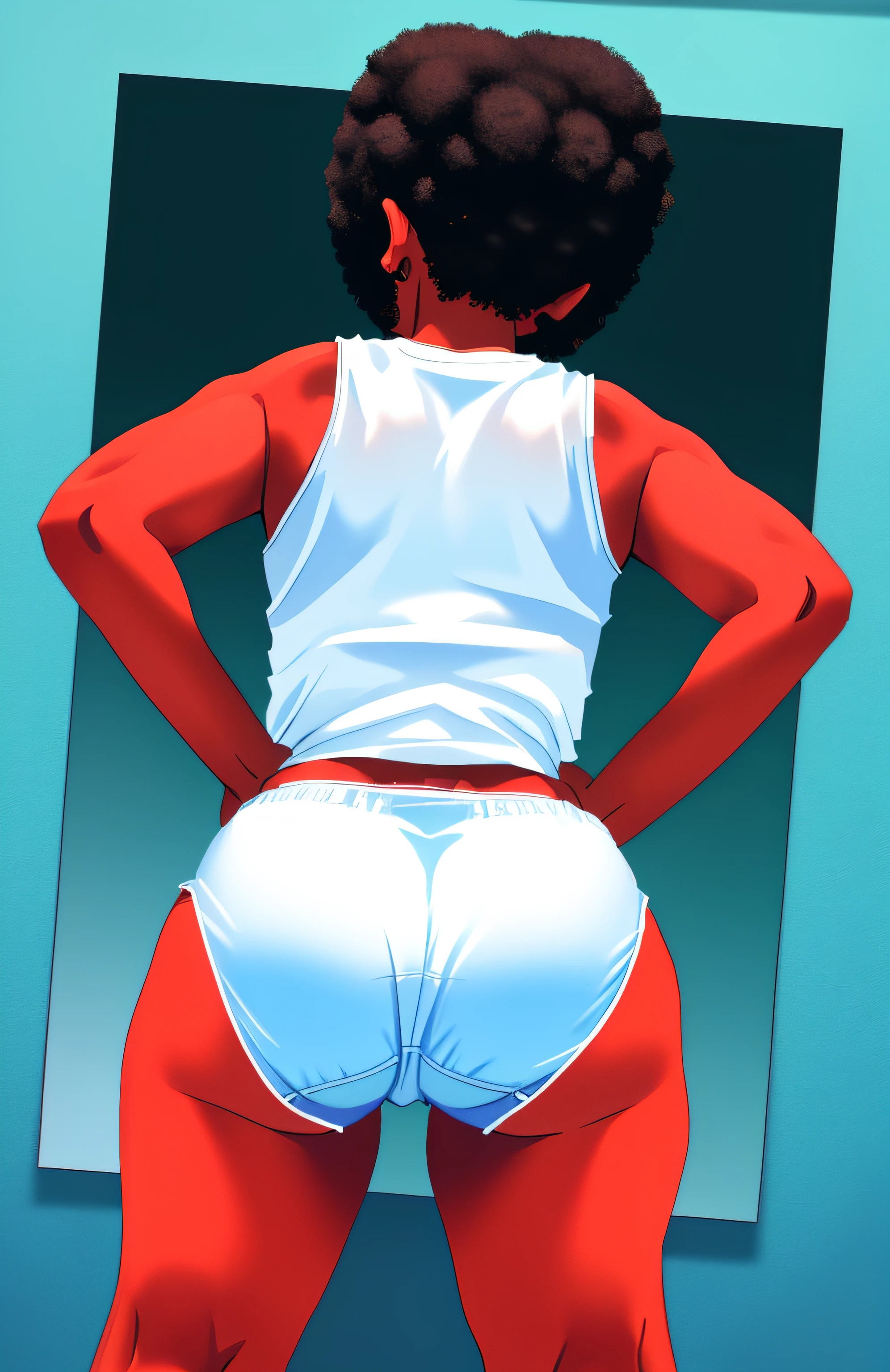 Curvy Black woman with Afro, in white tank-top and white full coverage cotton panties, back shot, looking completely forward, anime art style, intricate details