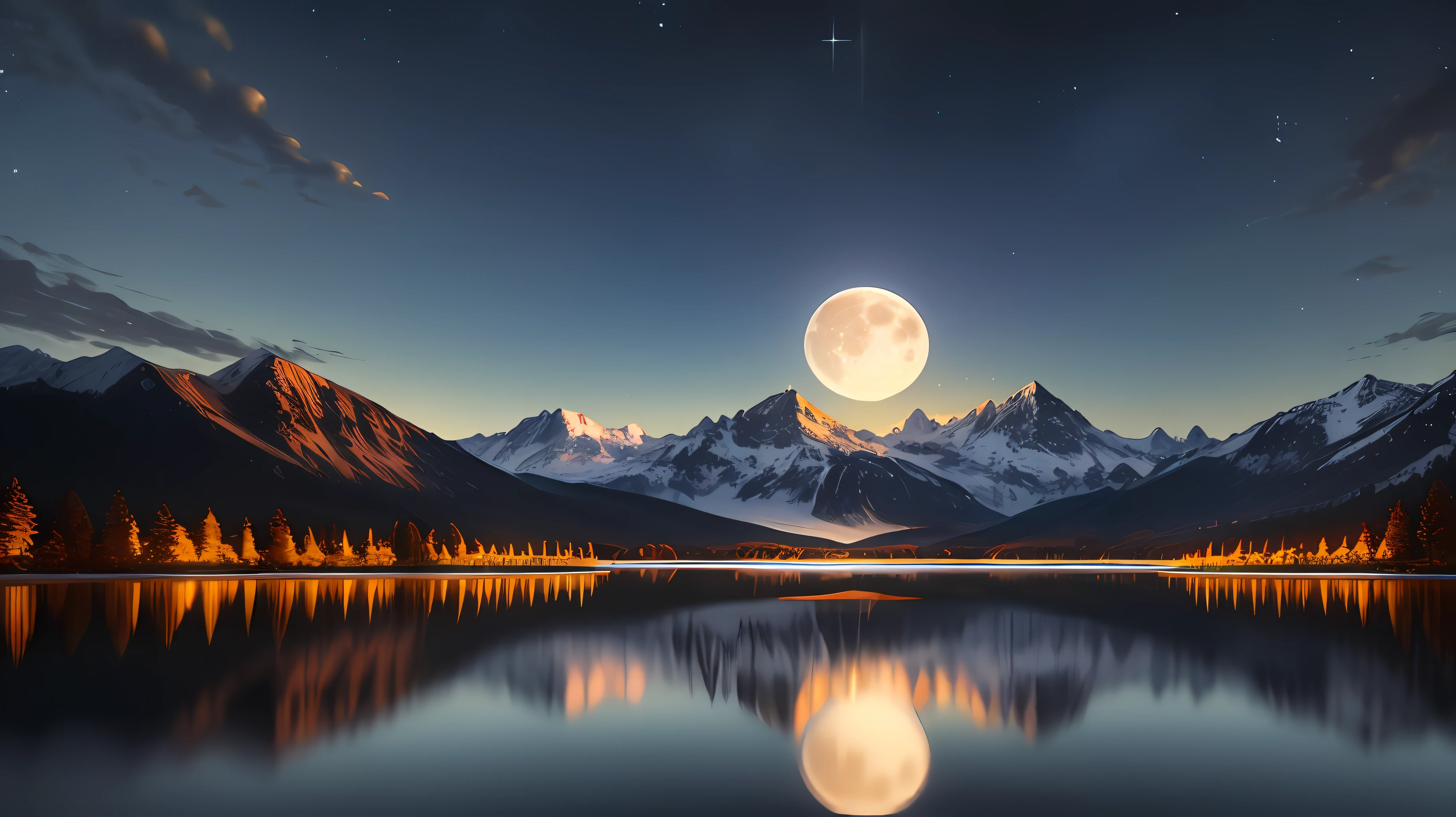 Very starry night. A giant moon behind the mountains. A tranquil lake reflecting the night. Realistic scene, detailed, photorealism, 8k