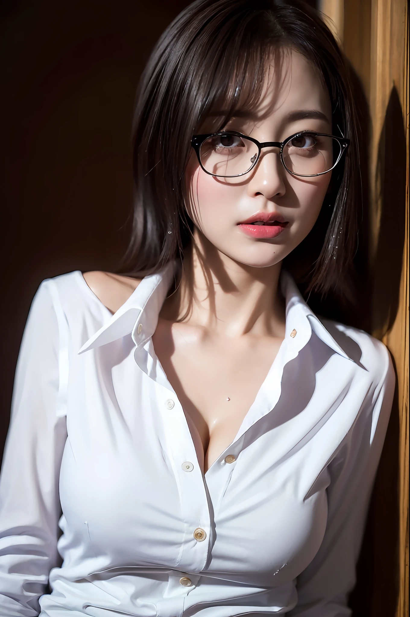 1girl,Ultra detailed skin,Ultra fine,Looking,Brown eyes,Droopy eyes,High detail,(Short shoulder-length hair with bangs:1.2),(Photorealistic:1.4),(Best Quality:2.0),(Ultra High Definition:1.0),16K, (Masterpiece:1.5),(pureerosface_v1:1.5),Big eyes,Black-rimmed glasses,Big breasts,Cleavage,Dynamic lighting, skin is wet and shiny,Bright pink glowing lipstick,White and beautiful skin,(Sexual arousal:1.1),(Business suit,Slack pants),(White buttoned shirt,Oversized shirt,Open shirt),Hotel,Office Lady,26 years old,Mature adult body,No bra,Slouch