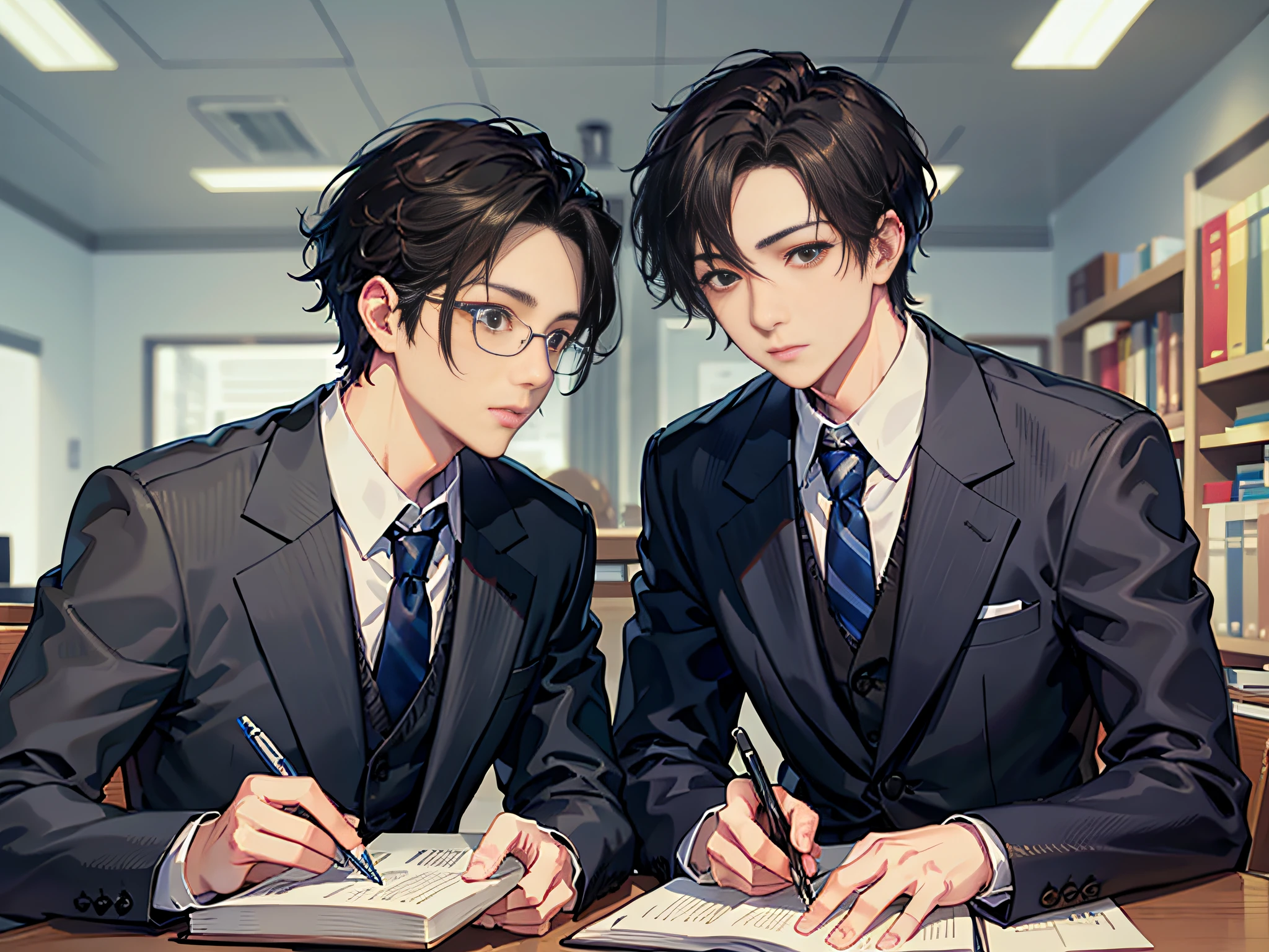 A man in a suit sitting at his desk with a book and a pen in his hand, looking ahead, front face, two other men in the background, 2 boys, 3 boys, black hair, black coat, black suit, blue tie, blue neckline, book, formal, holding, holding book, jacket, multiple boys, tie, open book, shirt, stripe, striped tie, depth of field.