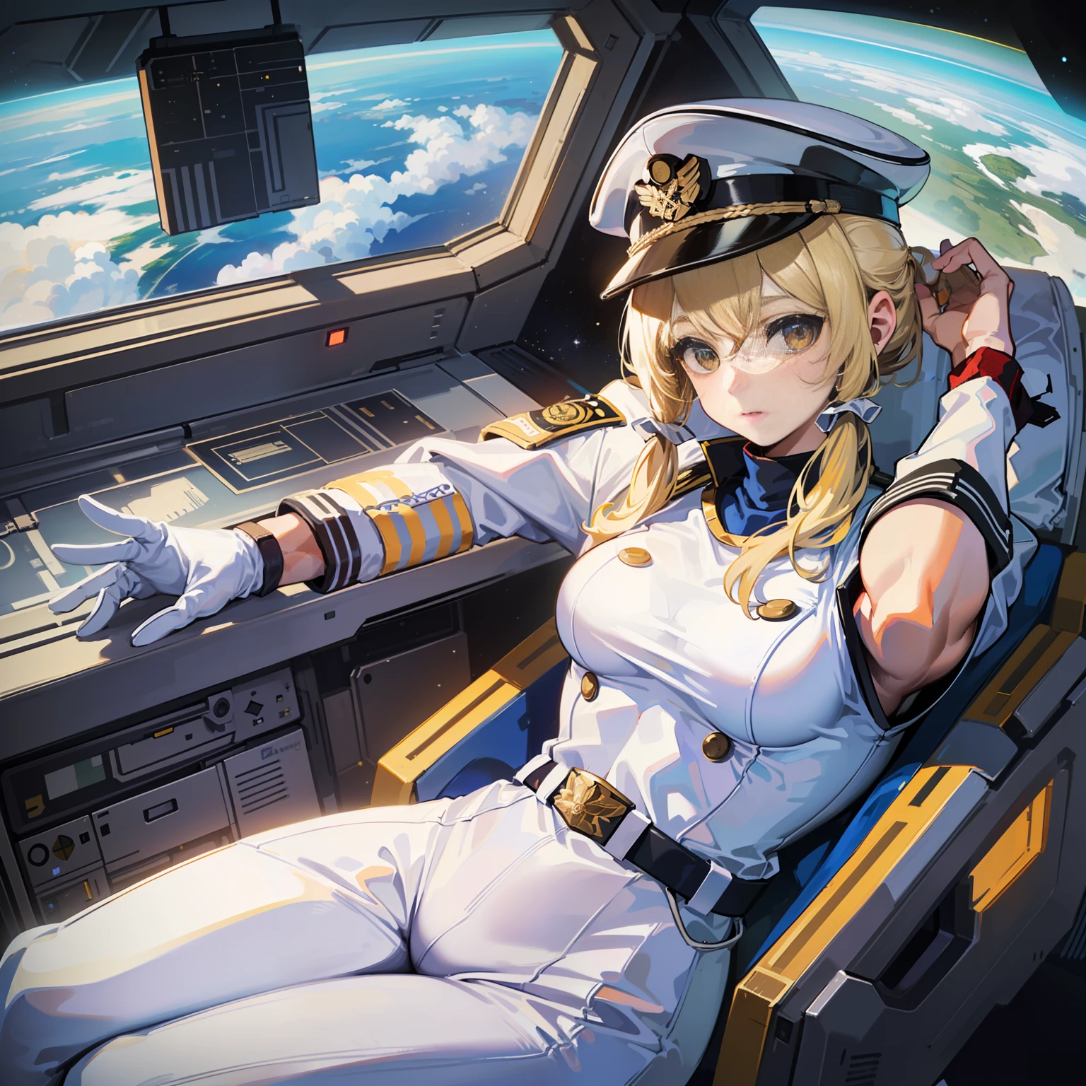 ((Masterpiece)), ((Highest Image Quality)), (((Best Quality)), (Illustration of One Girl), Full Body, 25 Years Old, (Neutral)), ((Blonde Twin Tails)), Light Golden Eyes, (Tall)), (Muscular Strong Body)), ((Muscular and Thick Body)), ((Muscular and Thick Arms)), ((Muscular and Thick Legs)), (Manspreading)), Open Legs, (((Army Uniform)), (Army Hat)), (((Army Coat)), (white clothes), (white pants), (white hat), trench coat, ((inside the spaceship, sitting in the captain's seat)), (outside the window, space, Earth seen from space, spaceport)