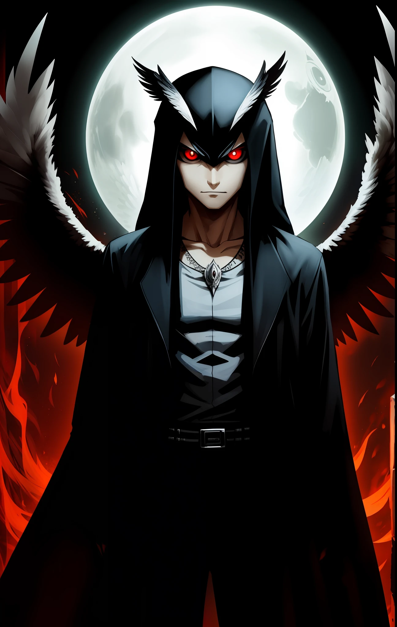 Young angel man, evil, owl-like, with four black wings, red eyes, evil look, dark aura, man