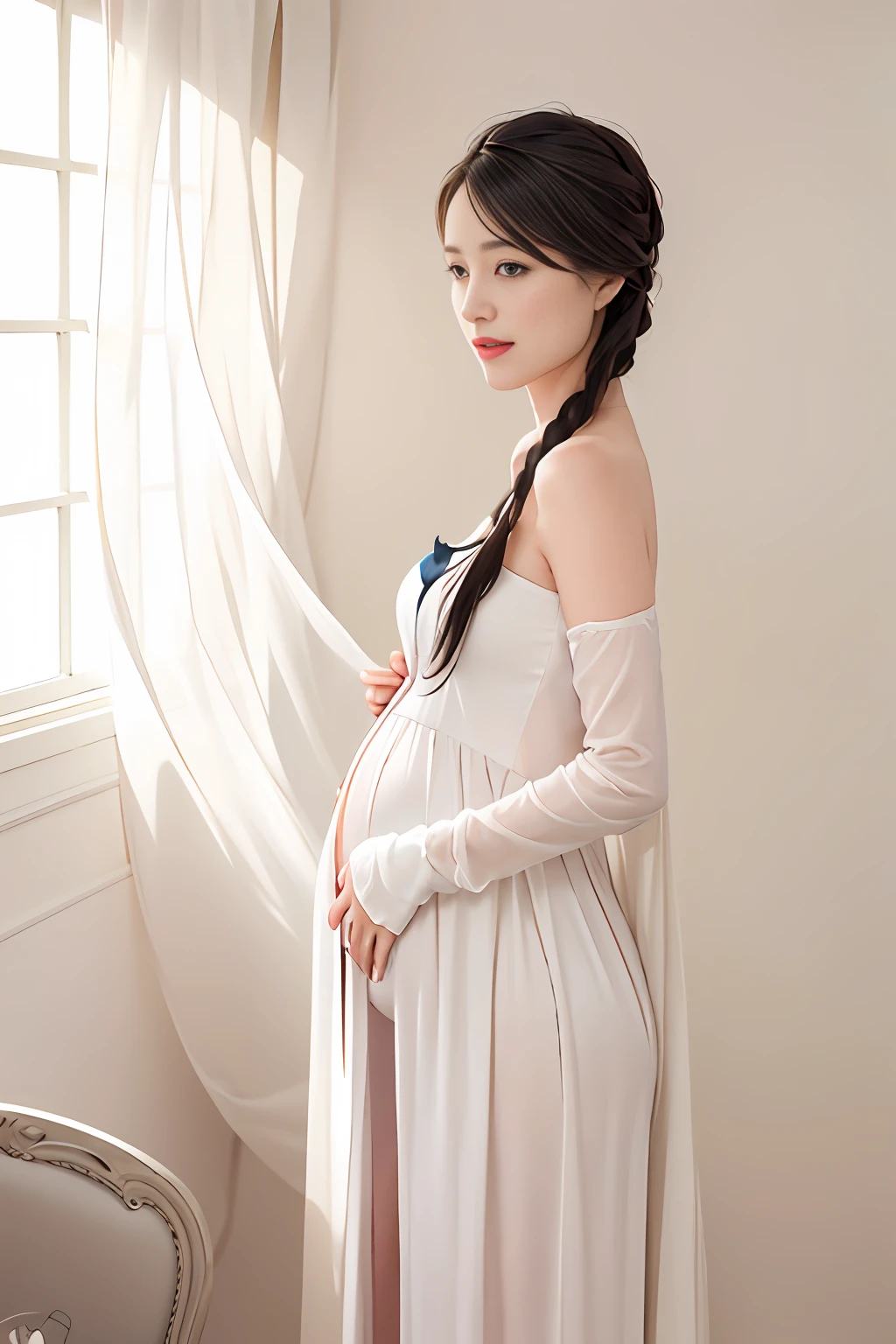 pregnant woman in a long dress standing in a room, pregnant belly, maternity feeling, pregnant, pregnancy, wearing long gown, maternal photography 4 k, wearing wheat yellow gauze, hi-res scan, hi - res scan, with backdrop of natural light, portrait image, belly, pale milky white porcelain skin, photo taken with nikon d750