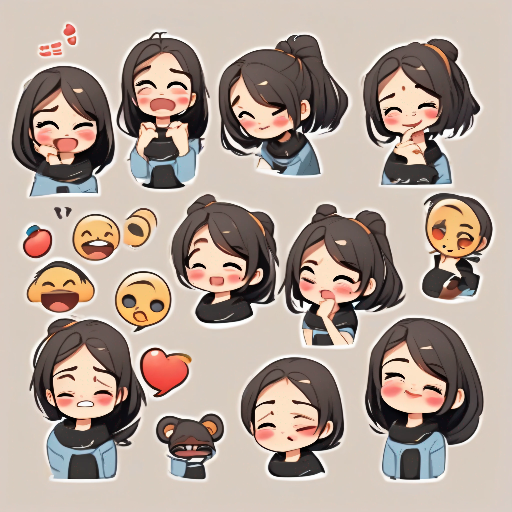 cute girl, emoji pack, 9 emoticons, emoji sheet, multiple poses and expressions, anthropomorphic style, Disney style, black strokes, different emotions,multiple poss and expressions, 8k --niji 5