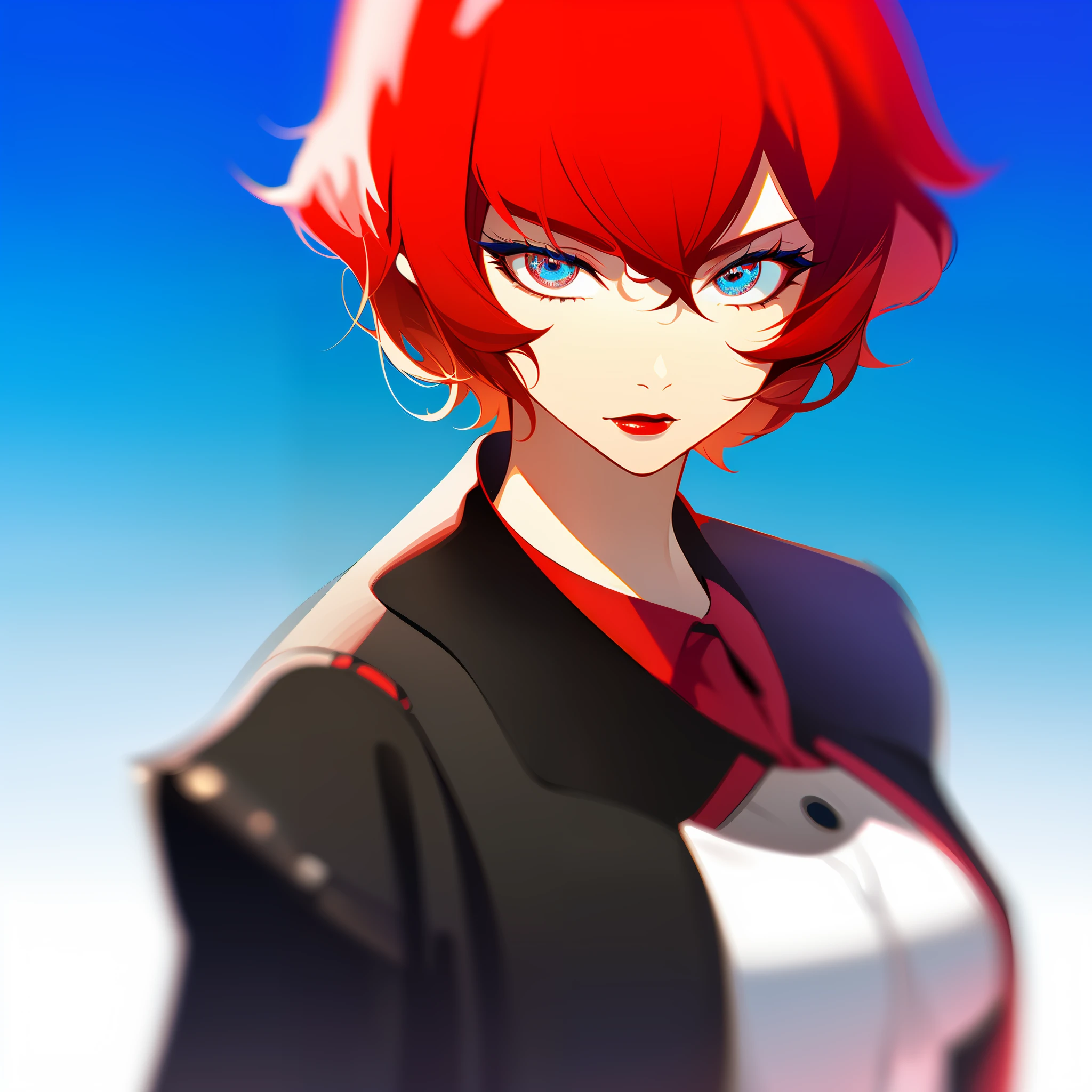 1 girl with short red hair, blue uh pupils, sharp eyes, wearing black jacket, red lips, top-down view, gradient background, flat illustration style, best quality