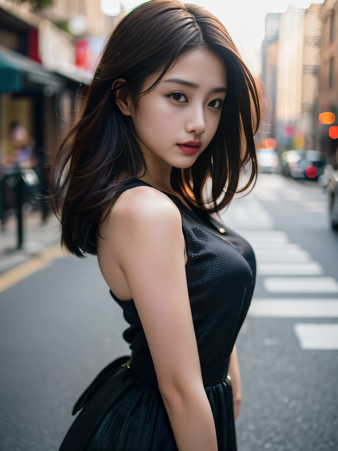 Woman posing seductive on street corner, top quality, high resolution, 8k, girl alone, outdoor, (street: 0.8), (people, crowd: 1), sleeveless dress, black dress: 1.5), gorgeous, (medium hair), (dynamic pose: 0.8), (upper body: 1.2), soft lighting, wind, glossy skin, gaze,