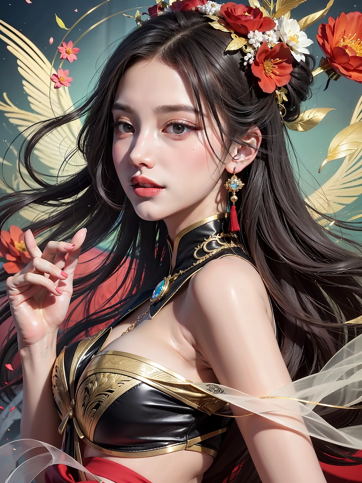 Best quality, masterpiece, super high resolution full of pictures, single, flying, Tang Huazhang, Dunhuang flying, floating in the air With strong Chinese national characteristics, they are the heavenly beings who fly the sky of Buddha Country, playing the piano and singing and dancing, spraying incense and scattering flowers, bringing happiness, red color matching, long hair, black hair, black and red bow, black and red color matching clothing, complex background, side, smile, flowing clothes, Chinese element totem in the back, perfect makeup, beautiful, generous, love eyes, 8k picture quality, cyberpunk, technology combined with national essence, Character backlight, edge light, movement change, hairstyle flowing, hairstyle scattered, gold and silver headdress, sense of falling, number of fingers refined, 7 avatar drawing, face close-up, fairy fluttering, flowing luminous earrings, flowing luminous necklace, wearing a bracelet, the most beautiful girl in mankind, delicate close-up of the face