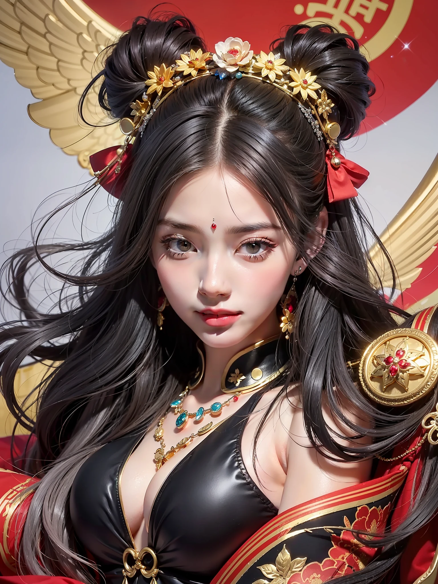 Best quality, masterpiece, super high resolution full of pictures, single, flying, Tang Huazhang, Dunhuang flying, floating in the air With strong Chinese national characteristics, they are the heavenly beings who fly the sky of Buddha Country, playing the piano and singing and dancing, spraying incense and scattering flowers, bringing happiness, red color matching, long hair, black hair, black and red bow, black and red color matching clothing, complex background, side, smile, flowing clothes, Chinese element totem in the back, perfect makeup, beautiful, generous, love eyes, 8k picture quality, cyberpunk, technology combined with national essence, Character backlight, edge light, movement change, hairstyle flowing, hairstyle scattered, gold and silver headdress, sense of falling, number of fingers refined, 7 avatar drawing, face close-up, fairy fluttering, flowing luminous earrings, flowing luminous necklace, wearing a bracelet, the most beautiful girl in mankind, delicate close-up of the face