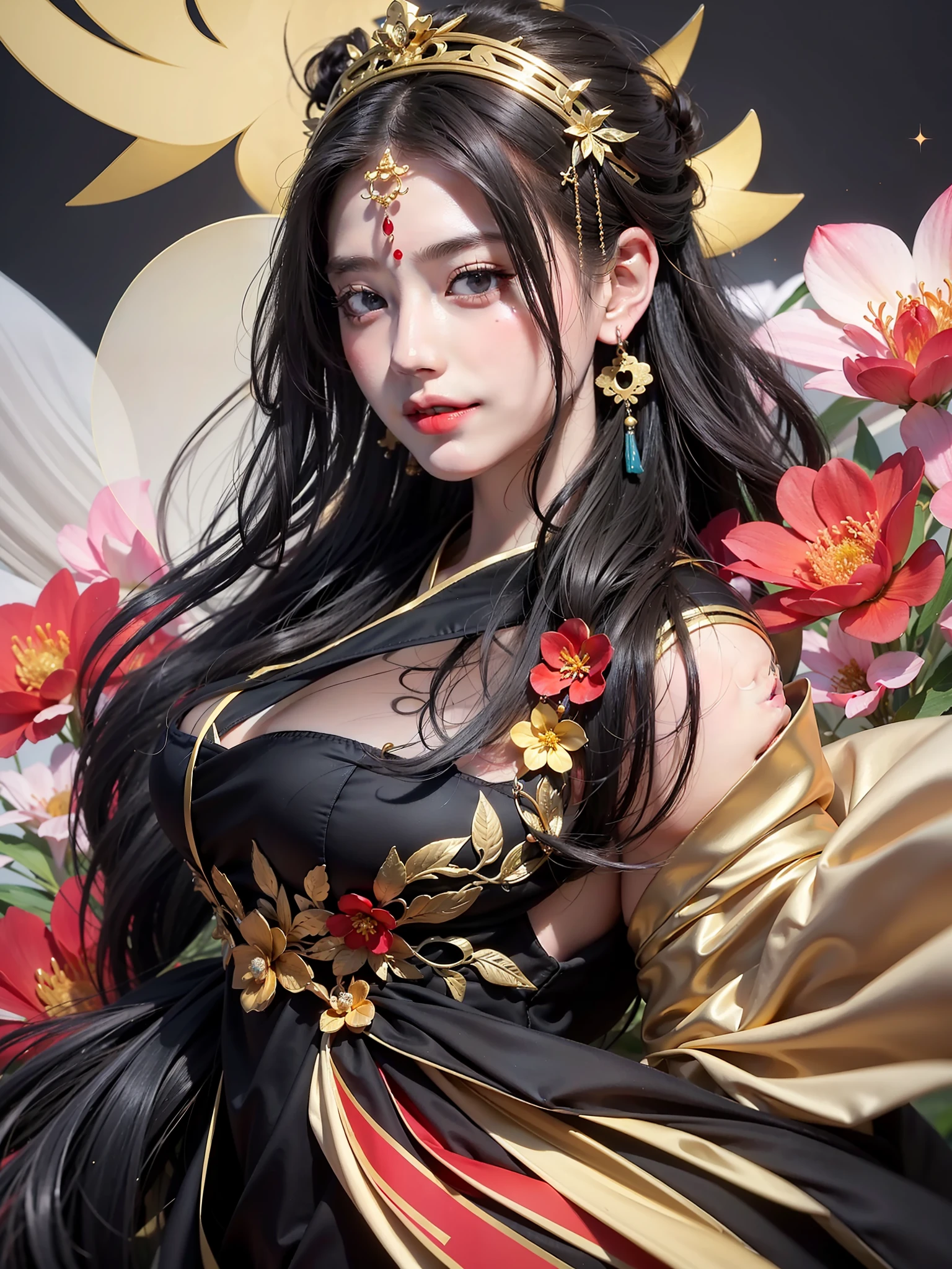 Best quality, masterpiece, super high resolution full of pictures, single, flying, Tang Huazhang, Dunhuang flying, floating in the air With strong Chinese national characteristics, they are the heavenly beings who fly the sky of Buddha Country, playing the piano and singing and dancing, spraying incense and scattering flowers, bringing happiness, red color matching, long hair, black hair, black and red bow, black and red color matching clothing, complex background, side, smile, flowing clothes, Chinese element totem in the back, perfect makeup, beautiful, generous, love eyes, 8k picture quality, cyberpunk, technology combined with national essence, Character backlight, edge light, movement change, hairstyle flowing, hairstyle scattered, gold and silver headdress, sense of falling, number of fingers refined, 7 avatar drawing, face close-up, fairy fluttering, flowing luminous earrings, flowing luminous necklace, wearing a bracelet, the most beautiful girl in mankind, delicate close-up of the face
