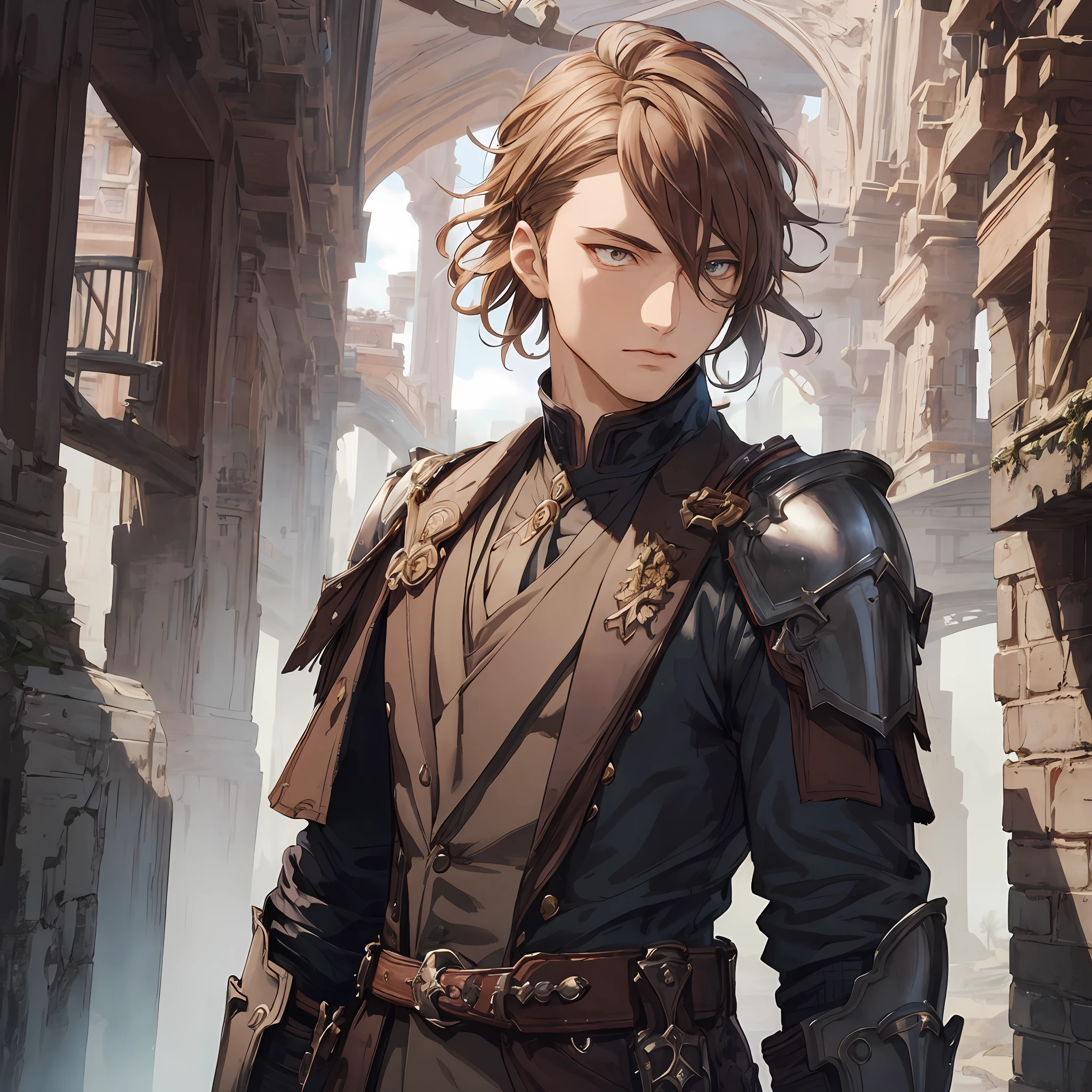 masterpiece, best quality, 1man, adult, male focus, solo, blonde hair, ponytail hair, vibrant brown eyes, looking at viewer, High quality metal texture, closed mouth, bangs, high collar,(kbxll:0.6), Fantasy aesthetics, Highly detailed, shadowverse style, knight commander