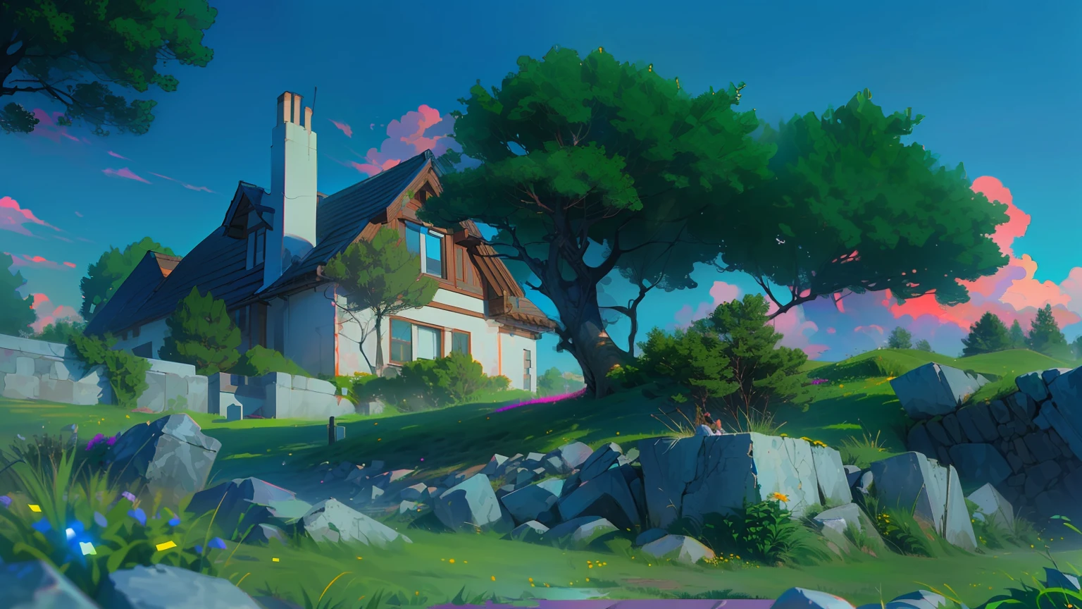 T Bokeh, Depth of Field, HDR, Bloom, Chromatic Aberration, and Intricat (illustration: 1.0), epic composition, realistic lighting, HD details, masterpiece, best quality, (very detailed CG unified 8k wallpaper), early morning, blue sky, pink clouds, old house, trees, grass, rocks