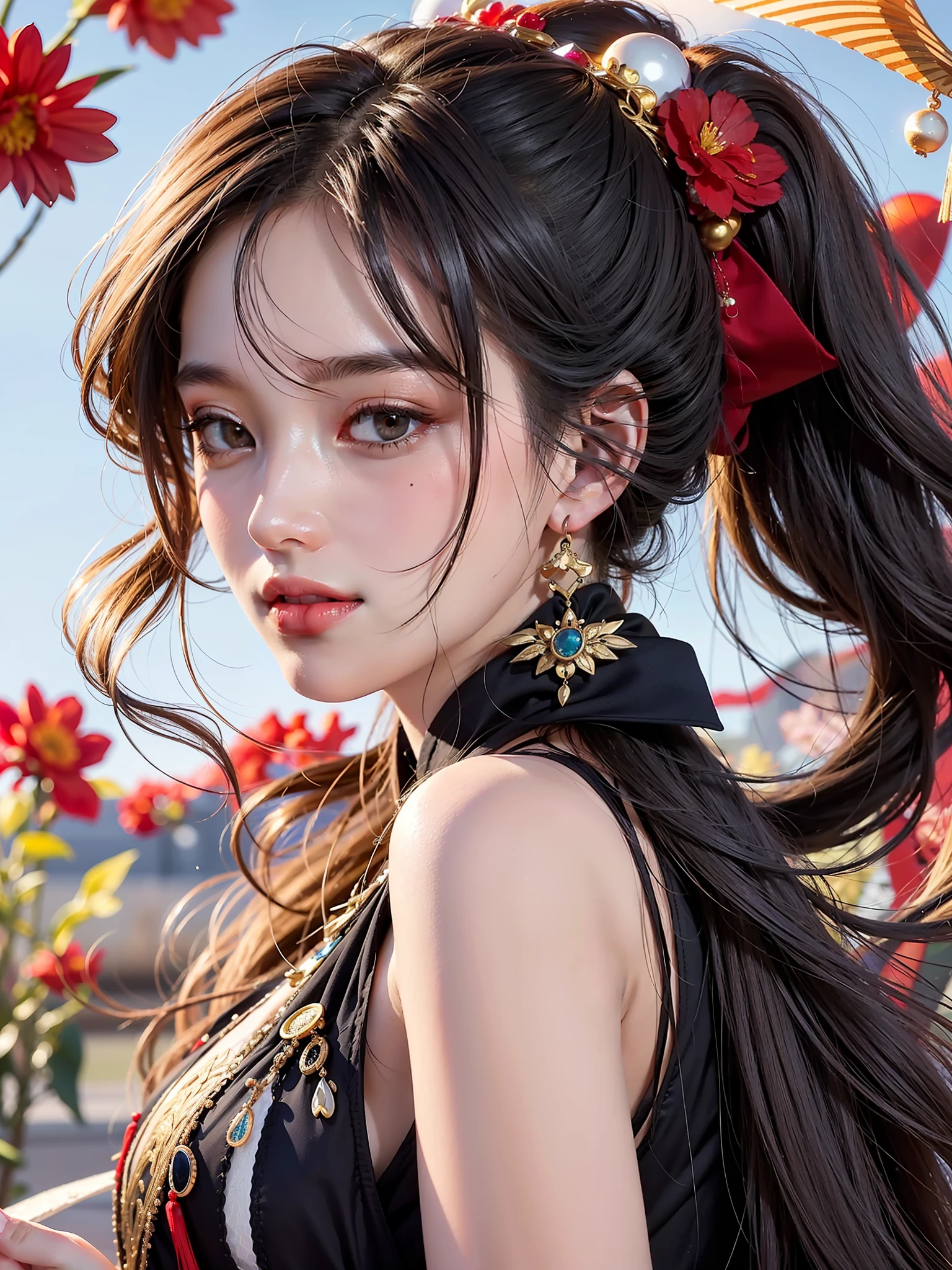 Best quality, masterpiece, super high resolution full of pictures, single, flying, Tang Huazhang, Dunhuang flying, floating in the air With strong Chinese national characteristics, they are the heavenly beings who fly the sky of Buddha Country, playing the piano and singing and dancing, spraying incense and scattering flowers, bringing happiness, red color matching, long hair, black hair, black and red bow, black and red color matching clothing, complex background, side, smile, flowing clothes, Chinese element totem in the back, perfect makeup, beautiful, generous, love eyes, 8k picture quality, cyberpunk, technology combined with national essence, Character backlight, edge light, movement change, hairstyle flowing, hairstyle scattered, gold and silver headdress, sense of falling, number of fingers refined, 7 avatar drawing, face close-up, fairy fluttering, flowing luminous earrings, flowing luminous necklace, wearing a bracelet, the most beautiful girl in mankind, delicate close-up of the face