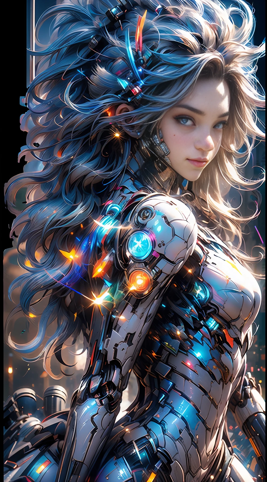 A girl, wearing a colorful glowing mech, riding a mecha motorcycle, sexy behind curves, looking back and smiling in the center of the frame, background cyberpunk city (neon billboard + mechanical holographic projection + Buddha projection + creature projection + weird crowd), full body photo taken at medium distance from the ground, multicolored hair, striped hair, mole under the eyes, ray tracing, reflected light, blending, bloom, surrealism, high detail, depth of field, projection inset, first-person perspective, front lens, caustic, uhd, Masterpiece, ccurate, textured skin, high detail, high quality, high resolution, super detail, 8K