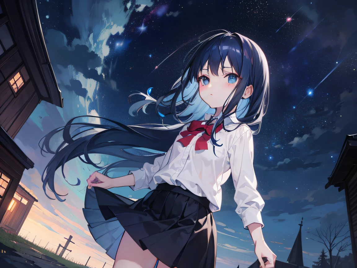 A li with long dark blue hair stands under the stars in a skirt, gazing at the forgotten night