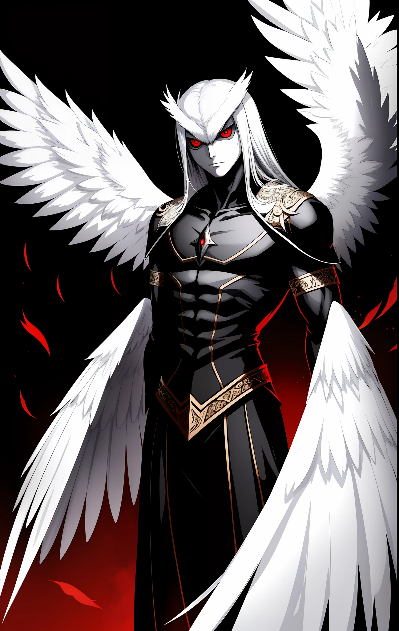 Young angel man, evil, owl-like, with four black wings, red eyes, evil look, dark aura, man
