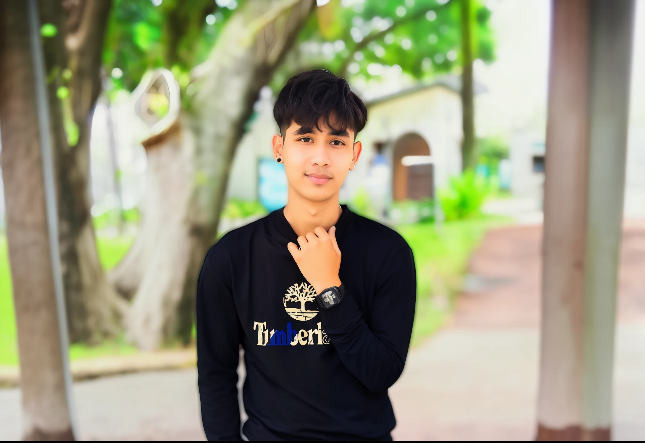 there is a young man standing in front of a tree, casual photography, portait photo profile picture, nivanh chanthara, profile pic, ayan nag, male teenager, taken with canon 8 0 d, ismail, profile image, thawan duchanee, in front of a forest background, riyahd cassiem, taken with sony alpha 9