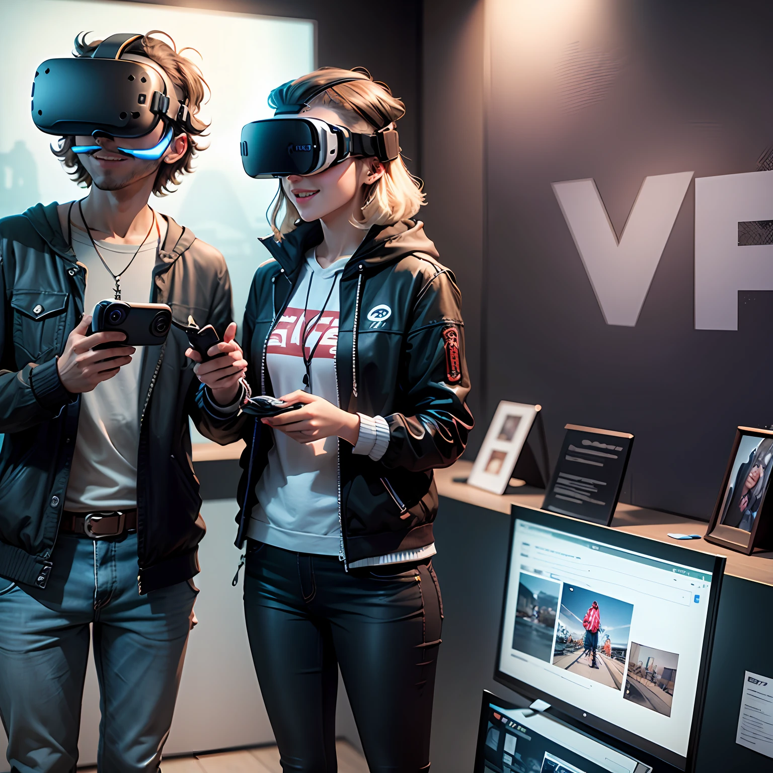 Young people using VR glasses at exhibition, background is booth at exhibition, exhibition detail, global illumination, shadows, octane rendering, 8k, warm colors, highly complex details, realistic light, CGsociety trend, glowing eyes, facing camera, smiling, standing --auto --s2
