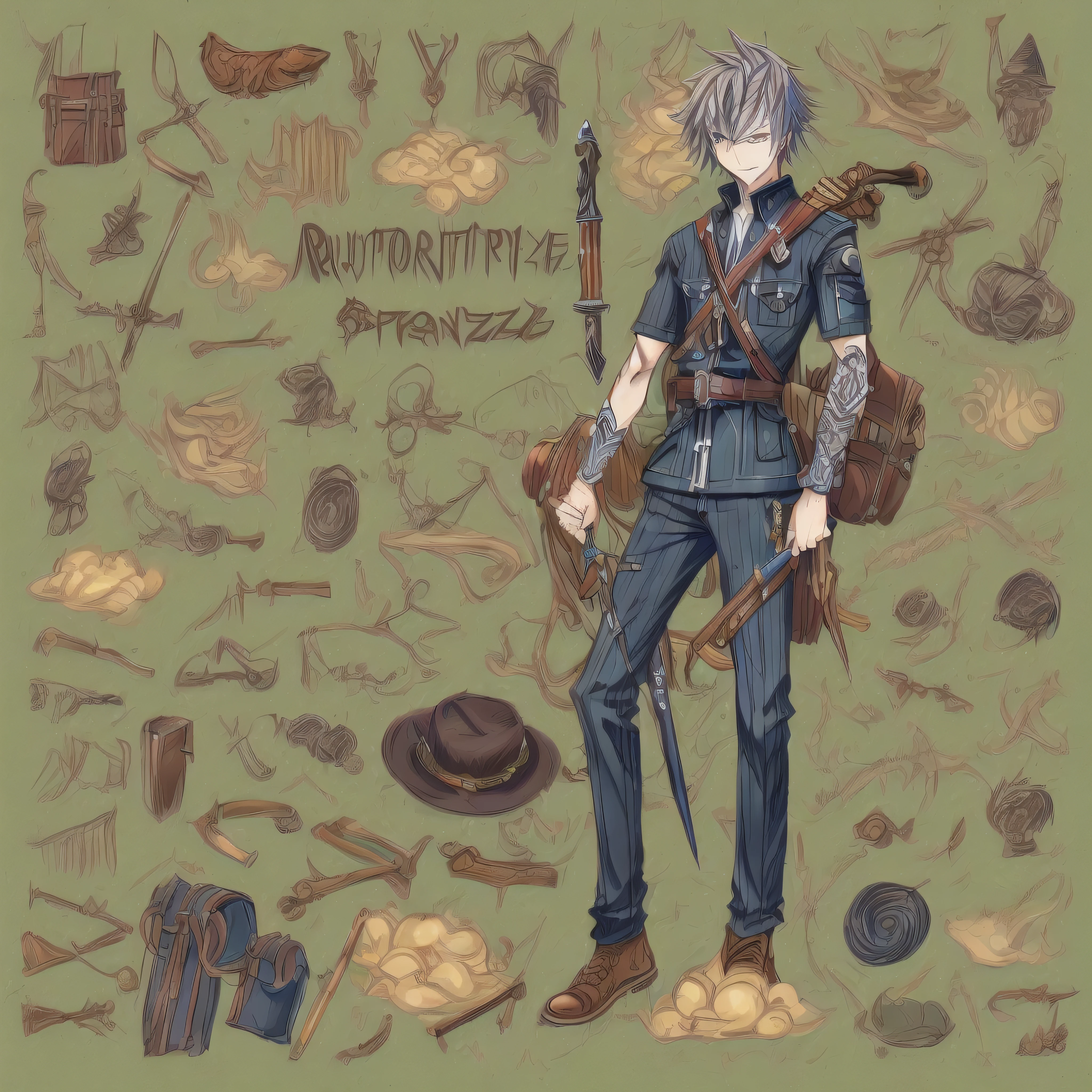 Brunetize, man, cartoon, anime style, portrait, with dagger, traveler attire, oriental --auto