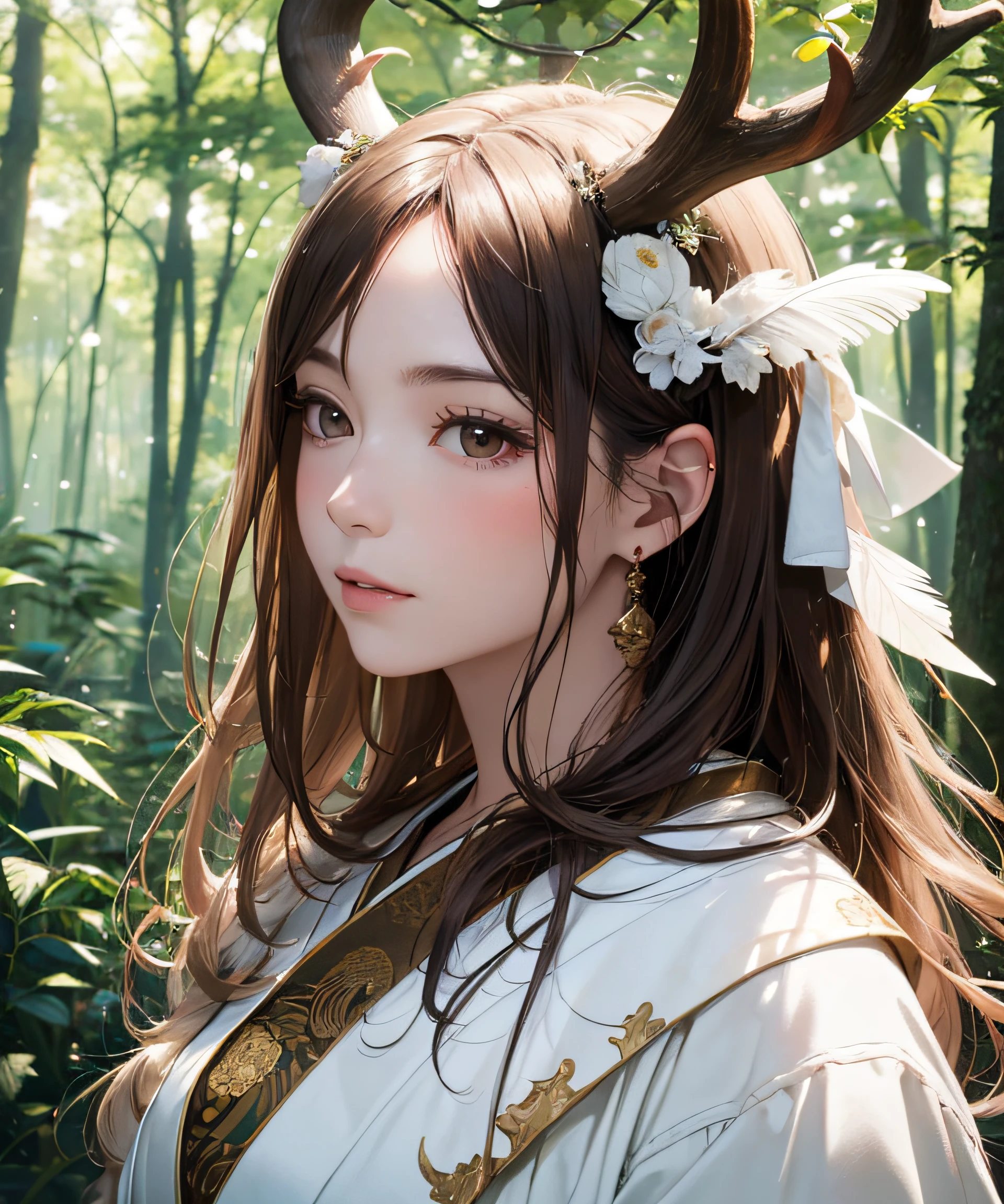 Highest quality, masterpiece, realistic, highest resolution, in the forest, horned Japan deer, heavenly maiden dressed in pale white from ancient Japan times, heavenly maiden in a feather robe, heavenly woman on the back of a deer