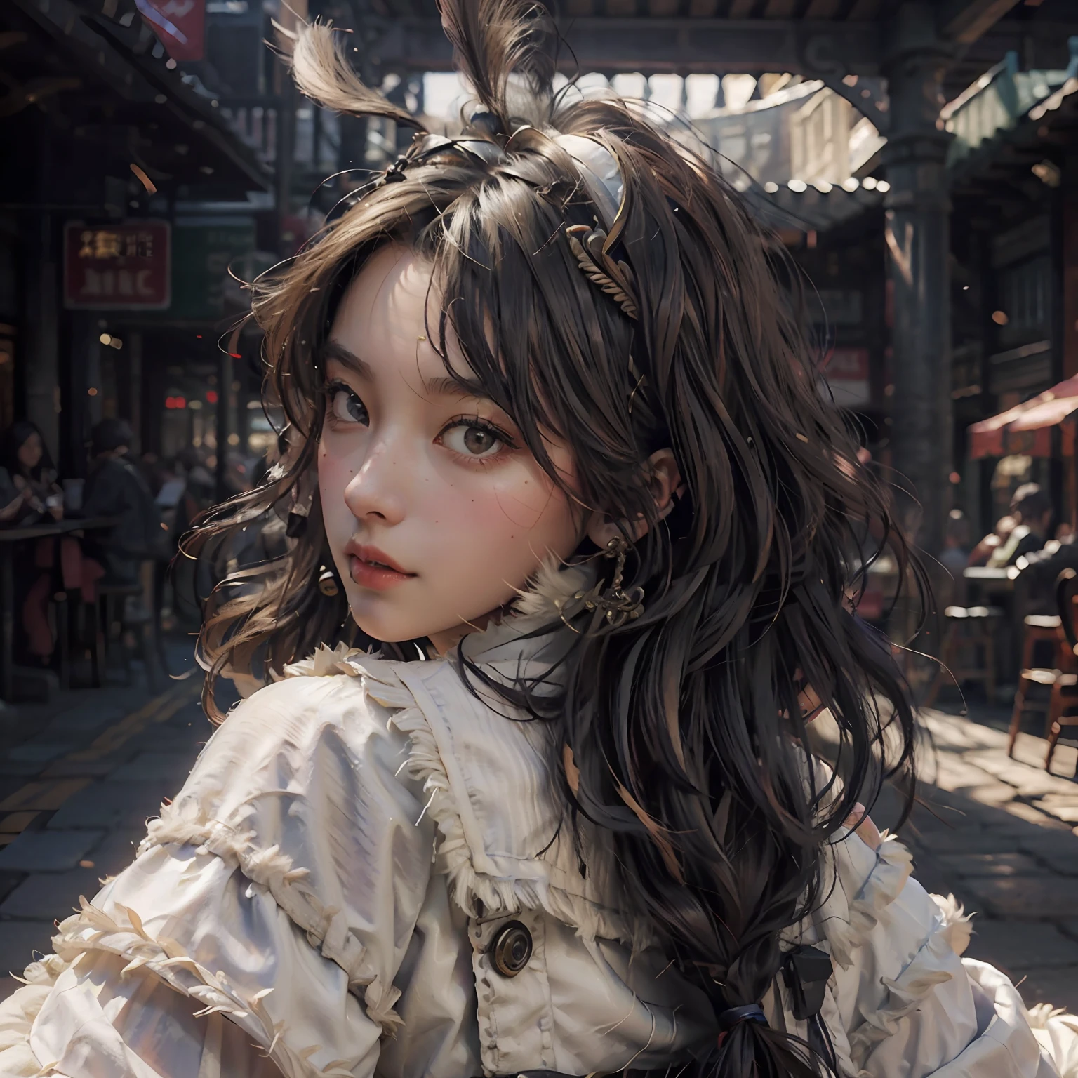 best quality, ultra high res, (photorealistic:1.4), masterpiece, 1girl, brown skin color, brown_eyes, from_behind, fur_trim, hair_over_one_eye, lips, long_hair, make up, looking_at_viewer, looking_back, nose, photo_\(medium\), photorealistic, realistic, solo, teeth, upper_body --auto