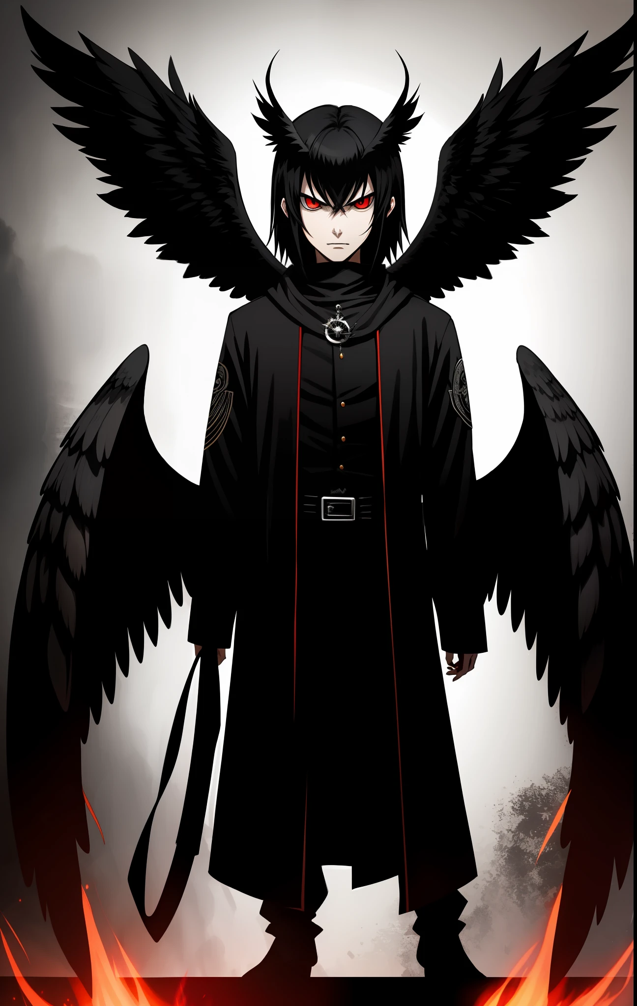 Young angel man, evil, owl-like, with four black wings, red eyes, evil look, dark aura, man