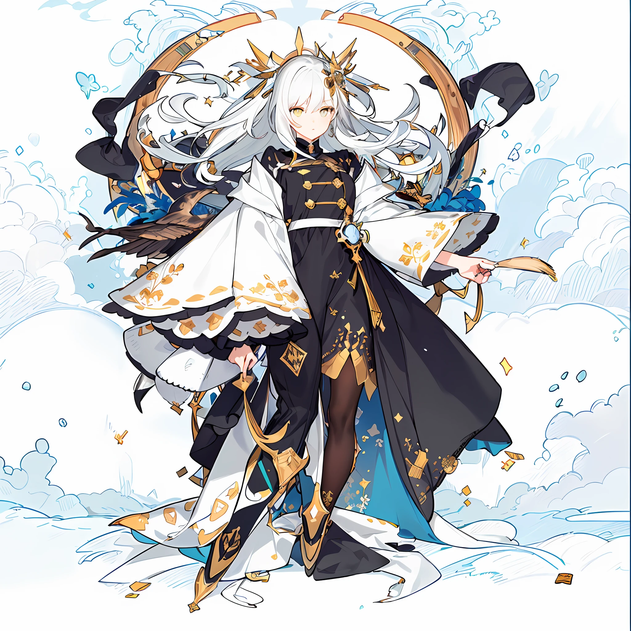 (((Masterpiece))), ((Best Quality))), ((Ultra Detailed)), (Illustration), (Next Delicate and Beautiful)), Dynamic Angle, Floating, (Beautiful Detail Eyes), (Detailed Light) (1 Girl), Solo, floating_hair, Glow Eyes, Yellow, Antique, White Hair