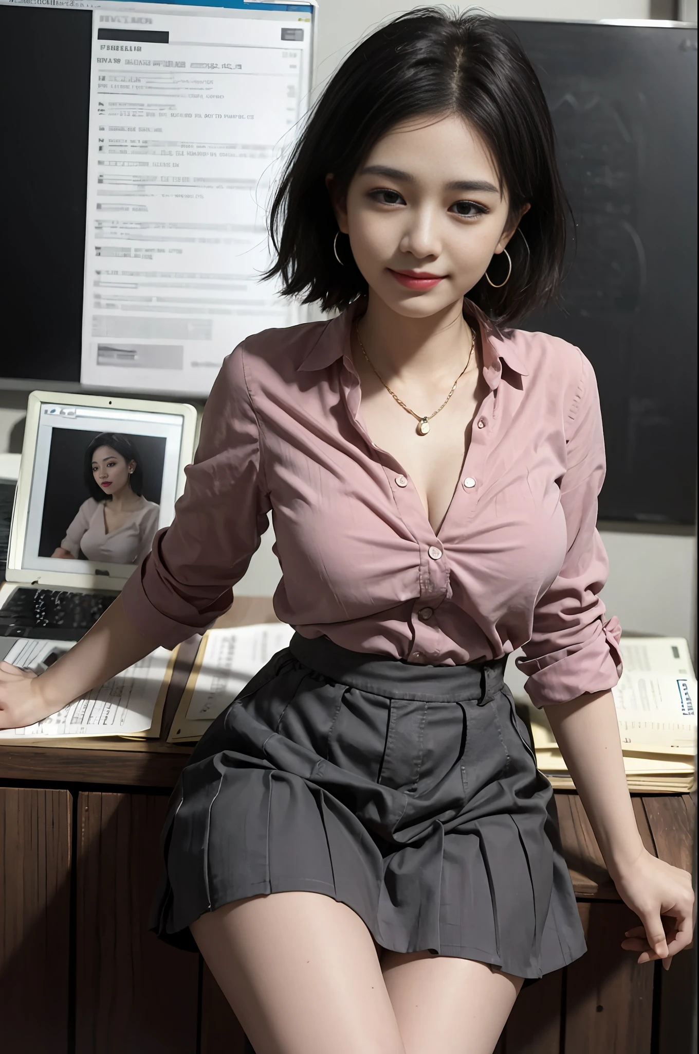 8K RAW photos, high resolution, Korean, very big round breasts, cleavage, formal shirt, formal skirt, very thin mouth, duck mouth, grinning,, bossy pose, beautiful eyes in detail, long eyelashes, beautiful double eyelids, eyeshadow, slender eyes, Sanpaku eyes, beautiful thin legs, necklace, earrings, short hair, Big desk of president of large company, office of large company