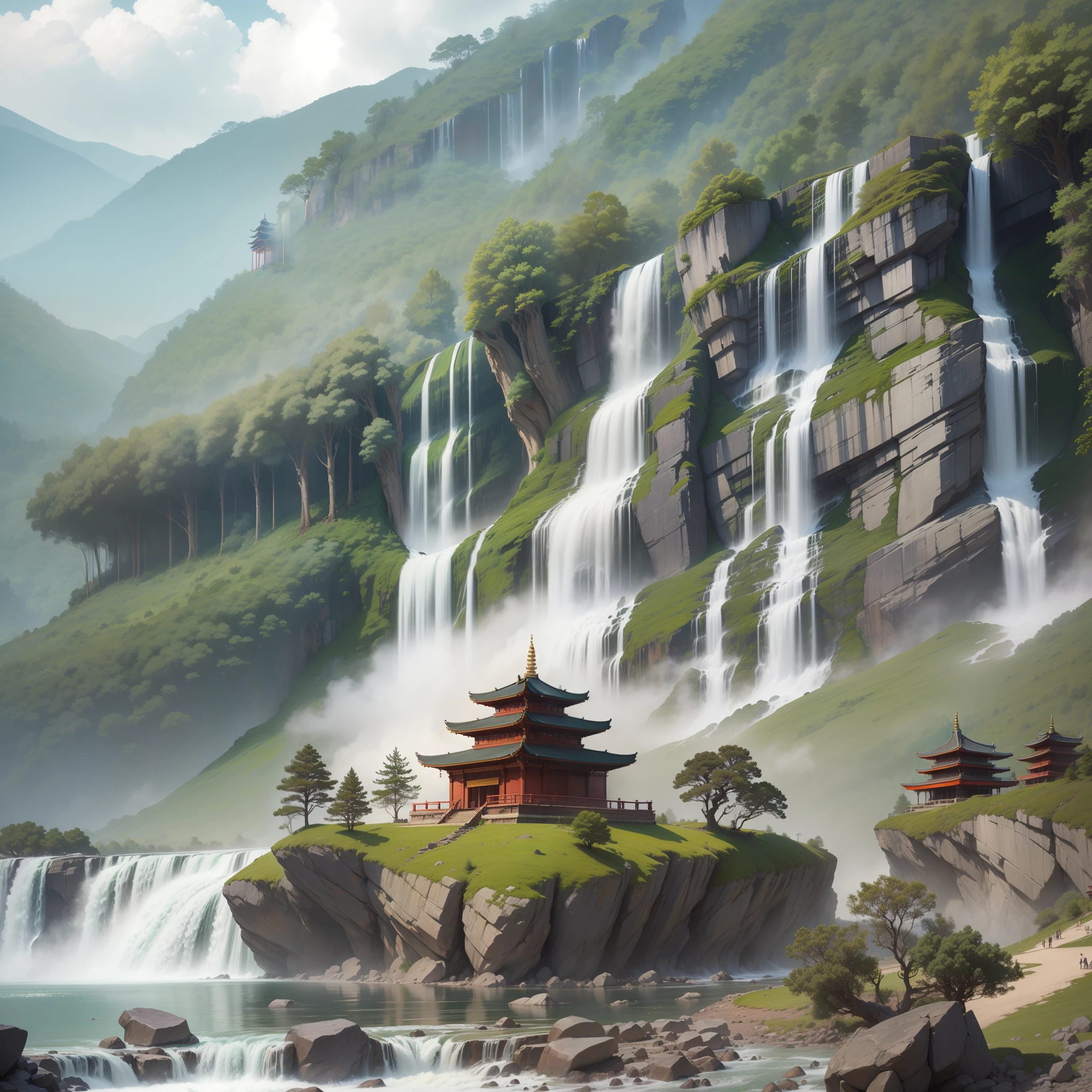 Huge Temple Shrine Buddhist Temple Huge Waterfall Nature Top Quality Masterpiece Ultra High Resolution