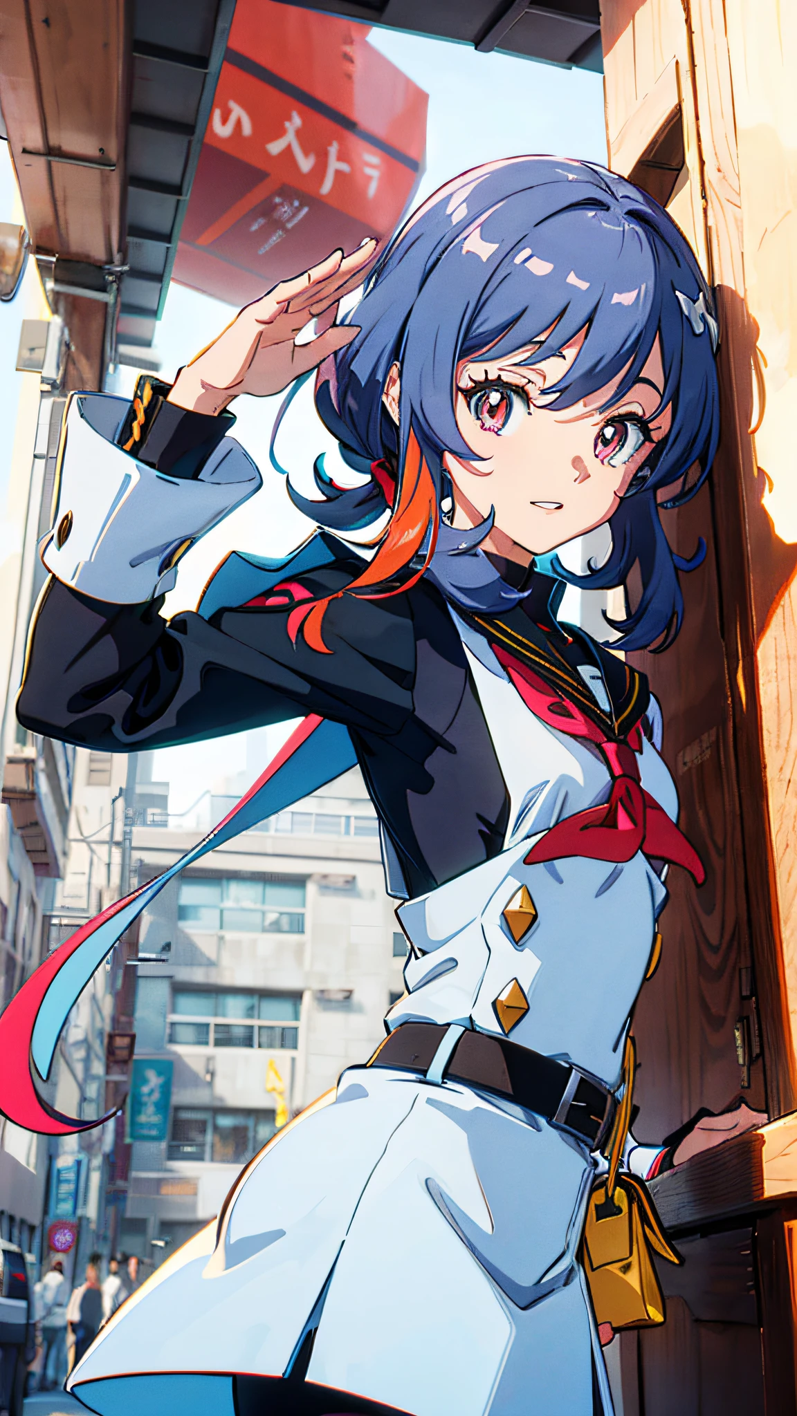 character from pokemon, salute, floating hair, 80s anime, dynamic poses, school landscape, Vivid colors. High image quality.