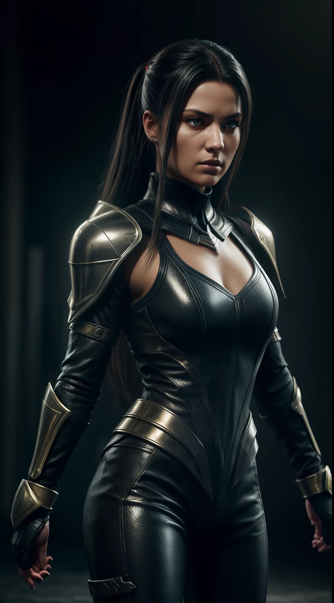 In the image, an 18-year-old girl is portrayed as an audacious and fearless character from the iconic fighting game, Mortal Kombat. Her youthful appearance contrasts sharply with the combative and resolute posture she flaunts, adding an intriguing element of duality to her persona.
She is of stunning beauty, with long, black hair that falls freely over her shoulders in a shiny cascade. His eyes are intense and piercing, a vibrant green that seems to glow with an inner flame. Her skin is soft and pale, presenting a dramatic contrast to the dark colors of her clothing and hair.
She is dressed in a Mortal Kombat-inspired fighting suit. The costume is predominantly black, with blood red accents that add a touch of intensity to its appearance. It consists of a lightweight armor, allowing mobility, but also offering essential protection. Silver and metallic details adorn the armor, giving a futuristic and deadly appearance to his already imposing figure.
In her firm hands, she holds a pair of Sai — traditional weapons associated with the game — with an apparent mastery that suggests years of arduous training. His posture, though relaxed, is fraught with a controlled tension, like a predator ready for attack.
The background of the image is a deep and dark shade of blue, almost black, casting the figure of the young woman in relief and intensifying the focus on her. This choice of lighting adds an extra layer of drama to the image, adding to the sense of danger and excitement associated with the Mortal Kombat universe.