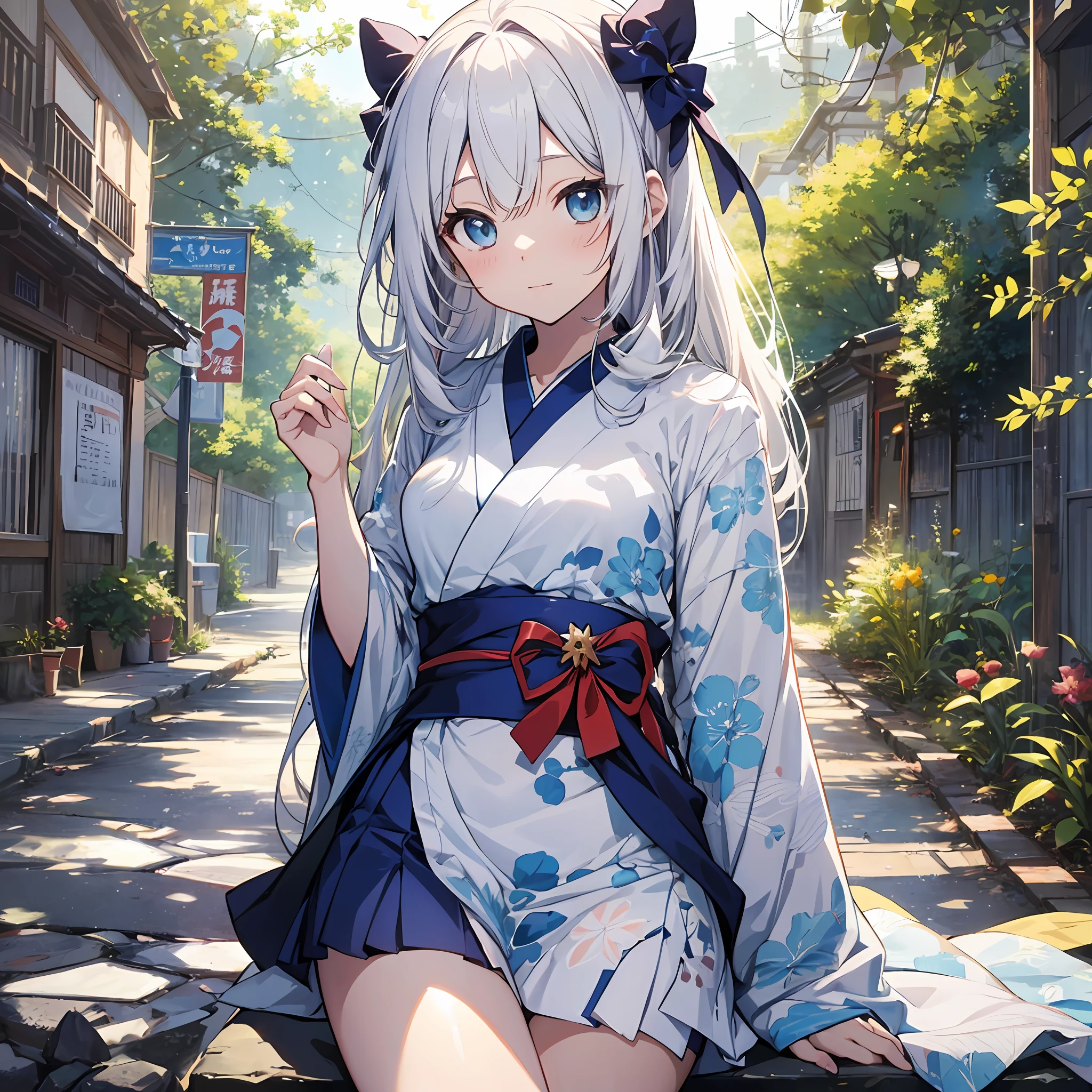 ((Best Quality, 8K, Best Masterpiece)) Anime characters with long gray hair and blue eyes, Anime visuals of young women, Today's featured anime stills, God of White Hair, official art, cute girl anime visuals, Popular isekai anime, Tsuaii, Marisa Kirigami, Anime movies, TV anime still, Isekai, Hestia, Albedo of Anime Overlord Transparency Small blue ribbon in hair Yukata Summer Festival