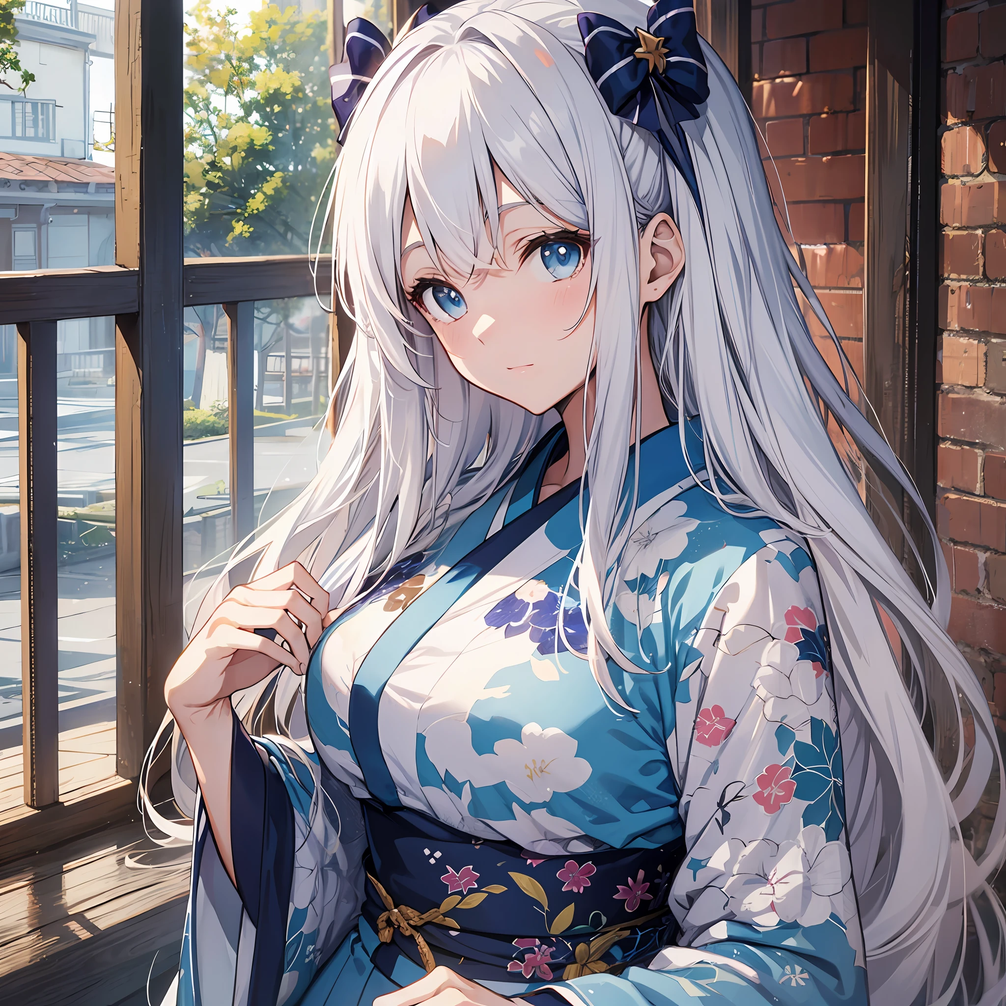 ((Best Quality, 8K, Best Masterpiece)) Anime characters with long gray hair and blue eyes, Anime visuals of young women, Today's featured anime stills, God of White Hair, official art, cute girl anime visuals, Popular isekai anime, Tsuaii, Marisa Kirigami, Anime movies, TV anime still, Isekai, Hestia, Albedo of Anime Overlord Transparency 16 years old Small blue ribbon in hair Yukata Summer Festival