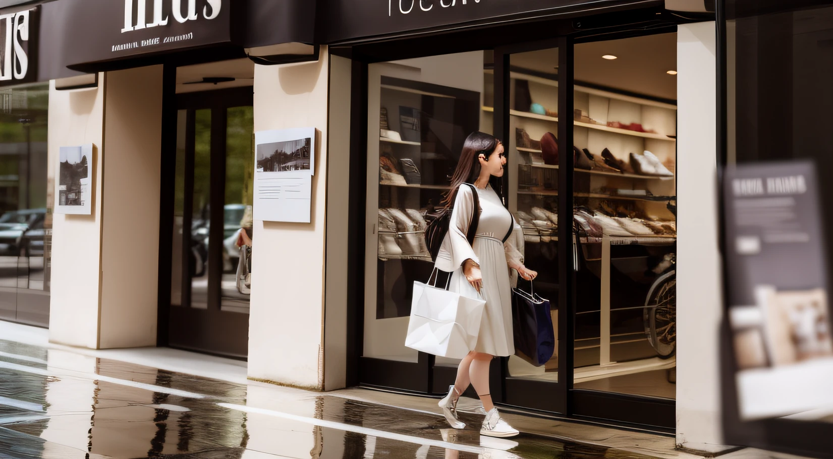 A stylish girl carrying a shopping bag walks into a luxury store