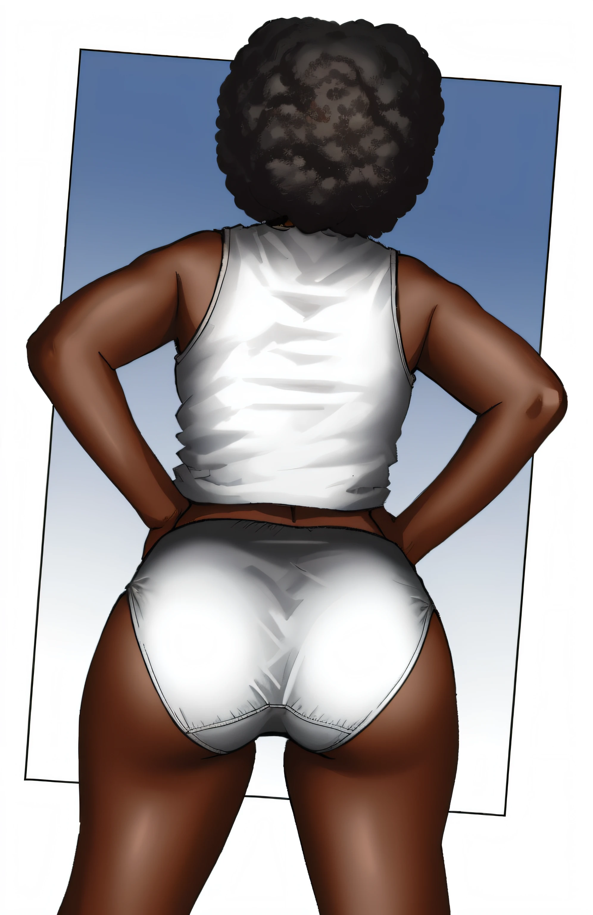 Curvy Black woman with Afro, in white tank-top and white full coverage cotton panties, back shot, looking completely forward, anime art style, intricate details