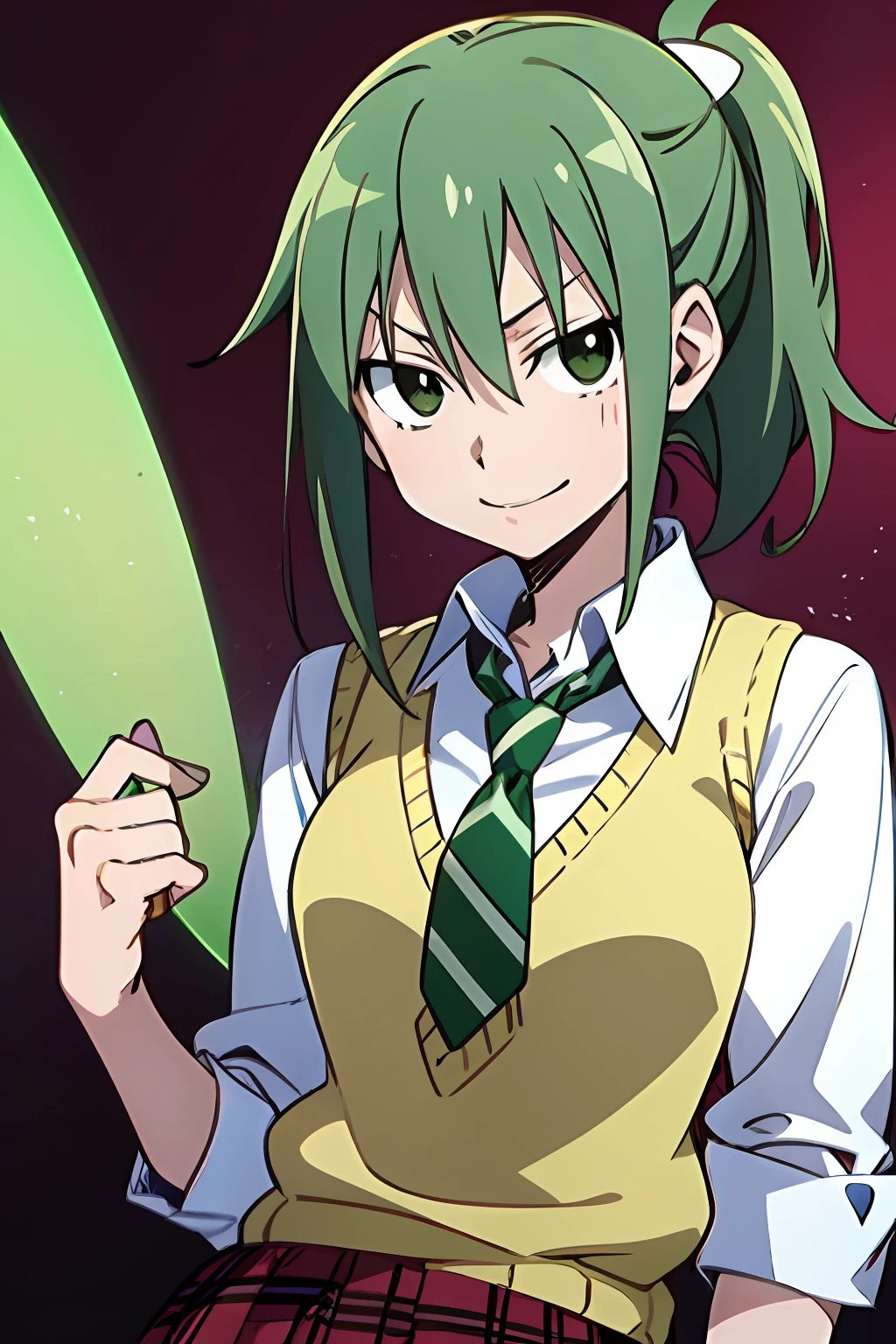 light smile, Schoolgirl attire, white blouse with yellow sweater vest, green striped tie, red plaid skirt, green eyes and ashy hair in a twin ponytail, (style of soul eater and fairy tail anime), (illustrated by Hiro Mashima and Atsushi Ohkubo), (style mixing)