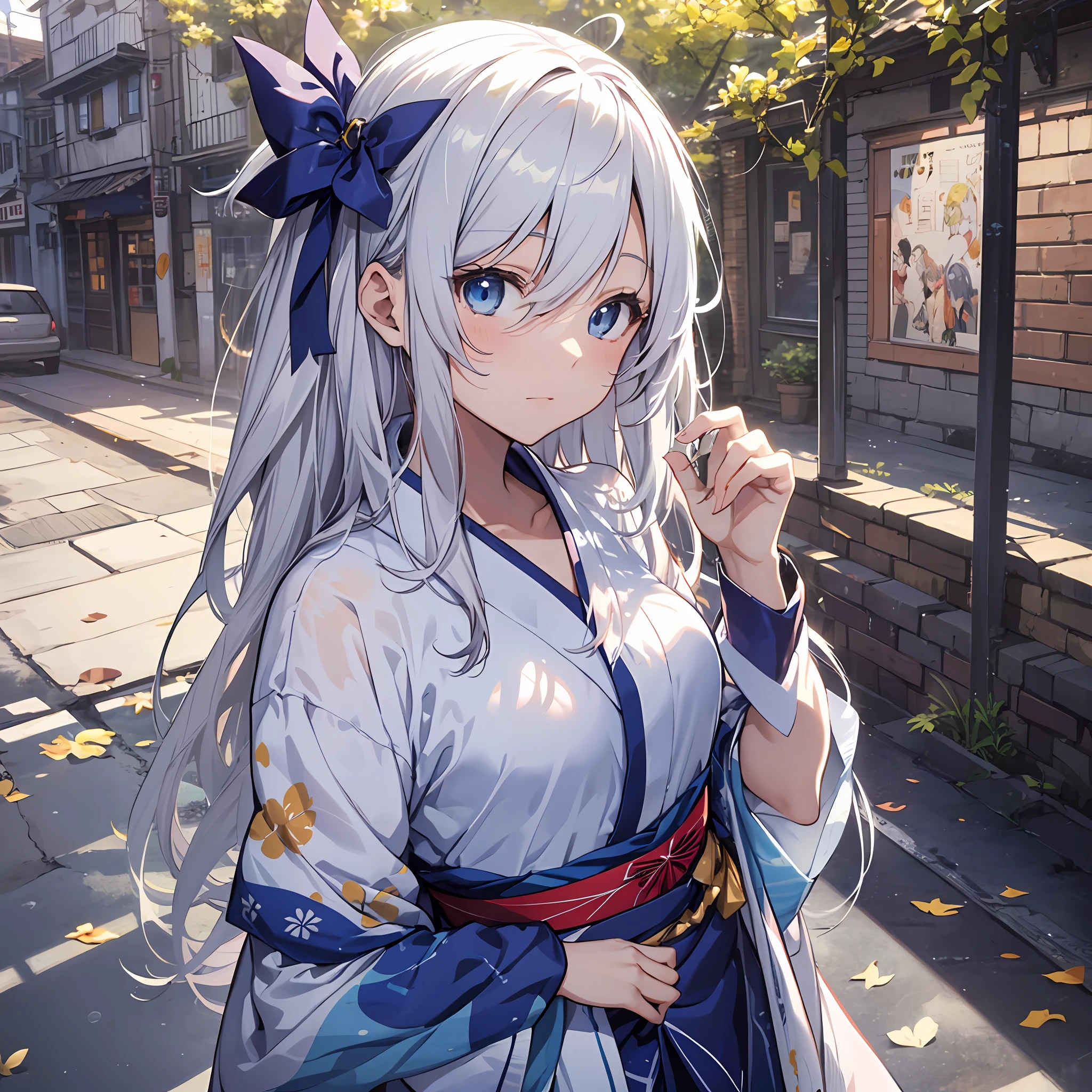 ((Best Quality, 8K, Best Masterpiece)) Anime characters with long gray hair and blue eyes, Anime visuals of young women, Today's featured anime stills, God of White Hair, official art, cute girl anime visuals, Popular isekai anime, Tsuaii, Marisa Kirigami, Anime movies, TV anime still, Isekai, Hestia, Albedo of Anime Overlord Transparency 16 years old　Small blue ribbon in hair yukata