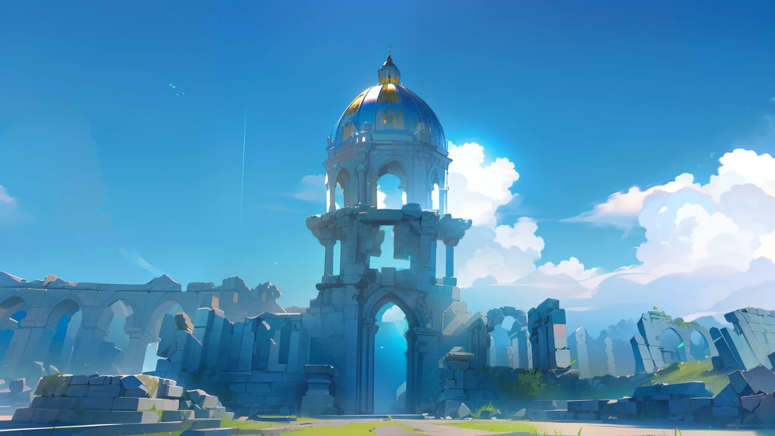 T Bokeh, Depth of Field, HDR, Bloom, Chromatic Aberration, and Intricat (illustration: 1.0), epic composition, realistic lighting, HD details, masterpiece, best quality, (very detailed CG unified 8k wallpaper), (((no people))), sunny day , ancient ruins, blue sky, fluffy clouds, ancient tower with the round dome