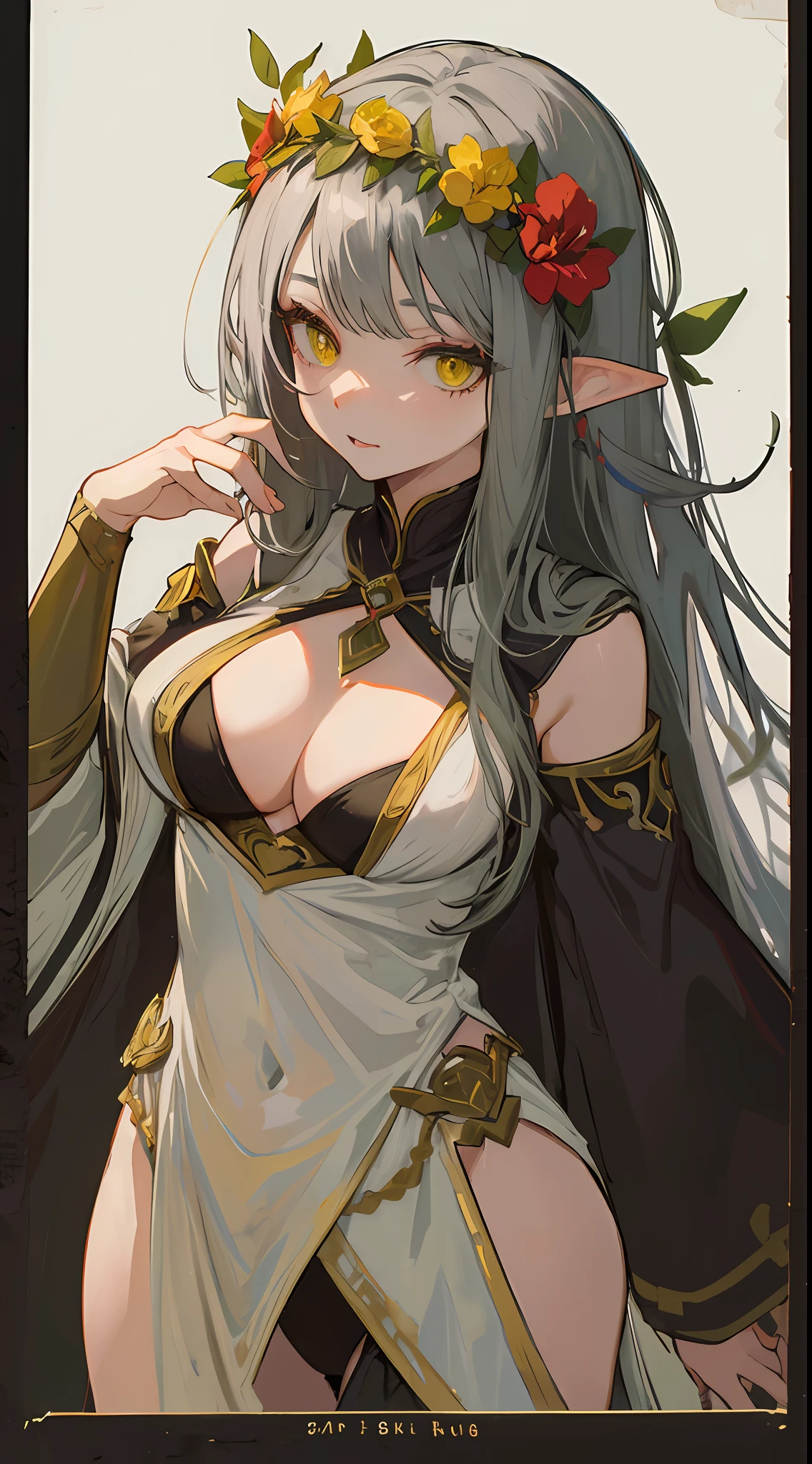 1mature elves girl, black long hair, yellow shaded eyes, silver sage robe, she has red flower on her head and medium boobs and looks so sexy and suggestive
