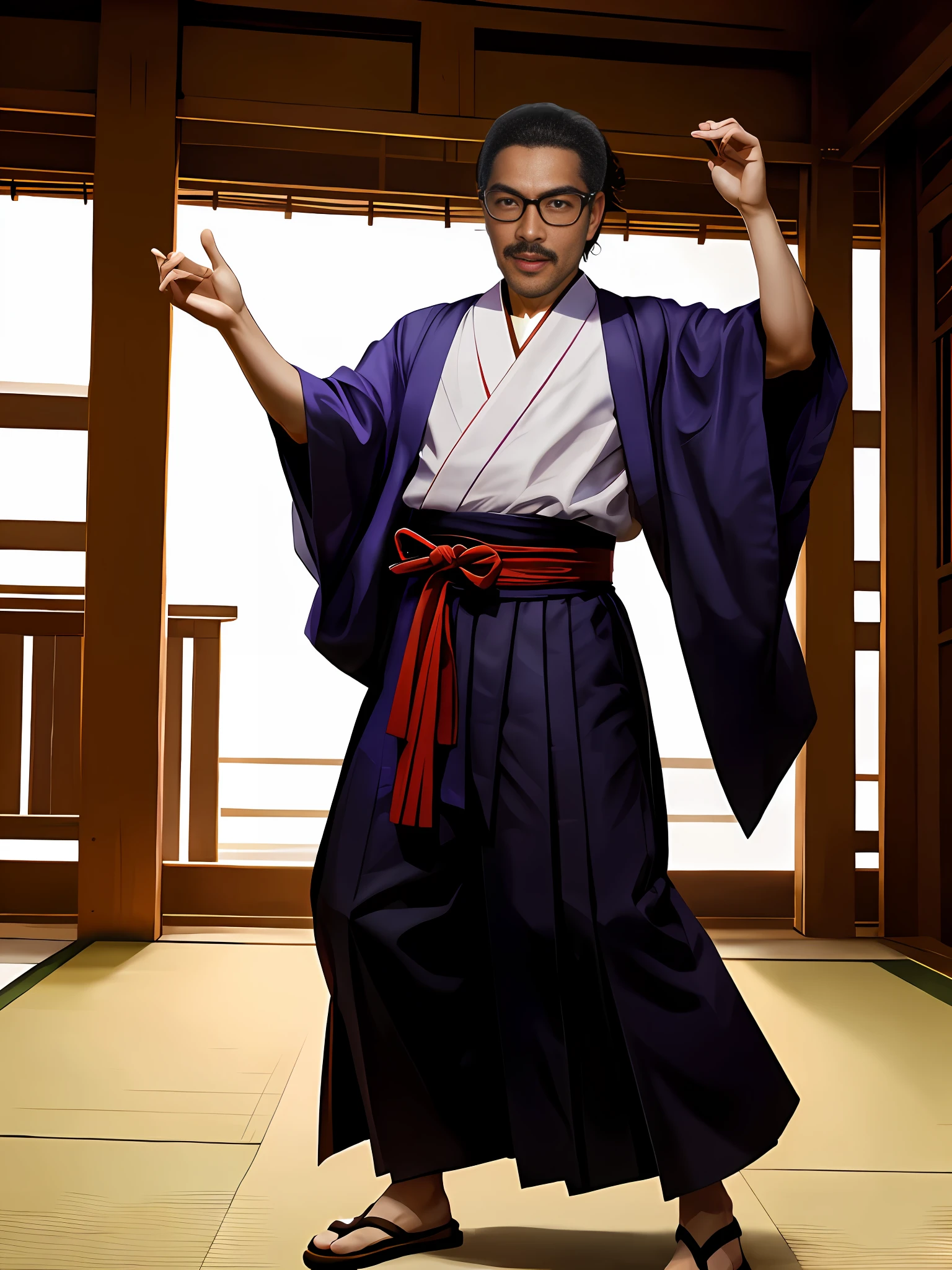 Man with glasses, Tony Tani, dancing in Japanese clothes,