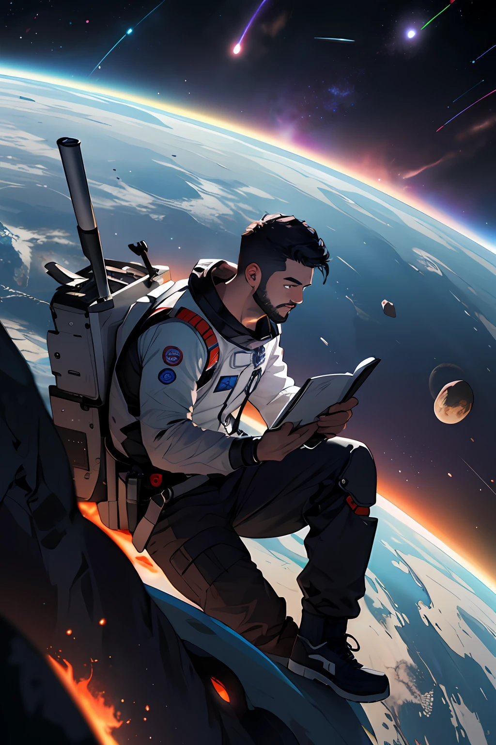 Painting a young programmer dressed in a Chinese Li-Ning sitting on a research platform floating in the middle of an asteroid belt. He was studying with a notebook, surrounded by several asteroids that emitted fiery halos. Dramatic lights from distant stars and planets illuminated the scene, casting deep shadows over the spacesuit. Young man looks confident and determined, looking at the vast and mysterious universe with amazement and respect, full of beard, cowboy shots,