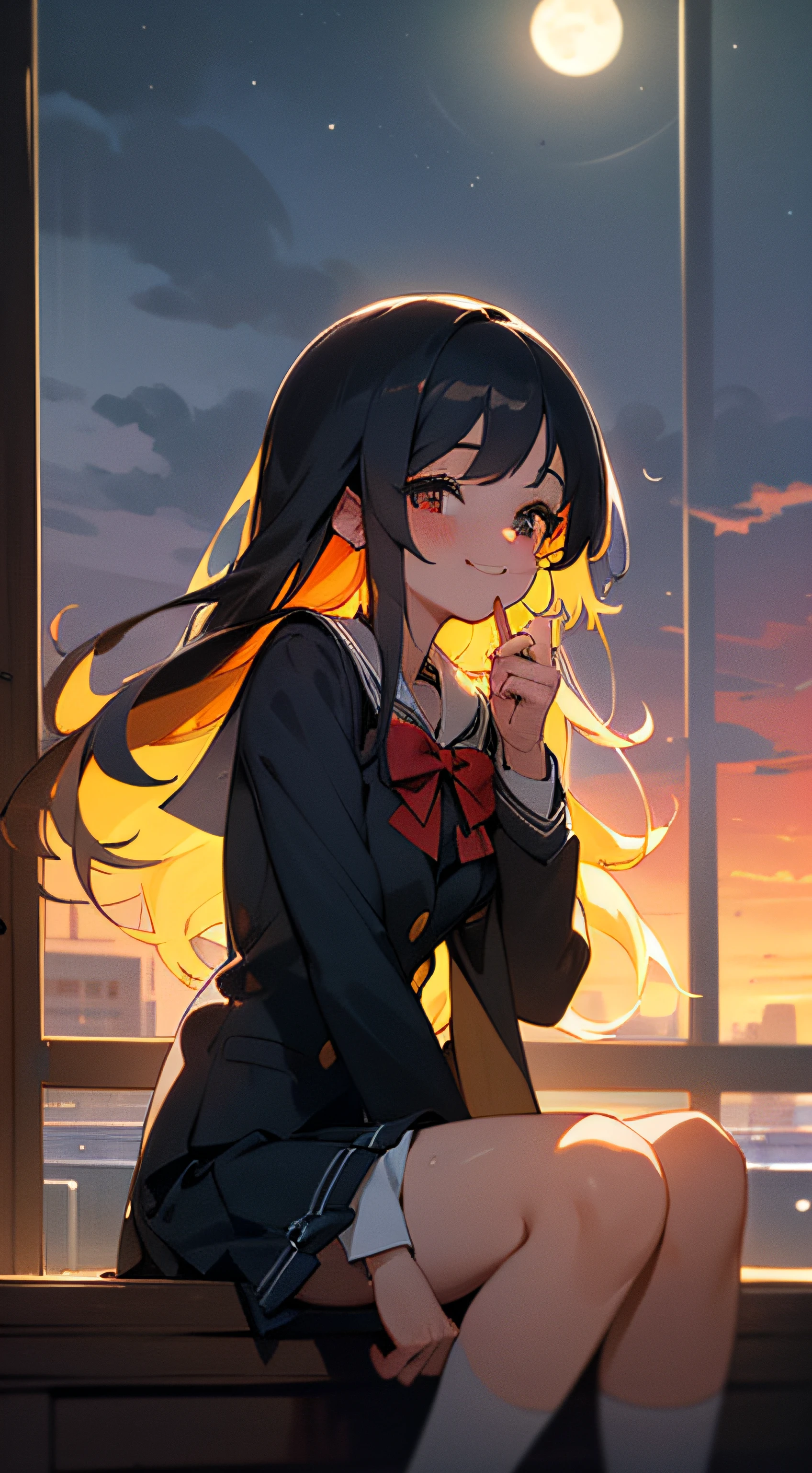8K, Best Quality, Masterpiece: 1.2) , Super Detail, 1 Girl, Cute, Indie, Beautiful Details Sky, Detail Cafe, Evening, Sit Down, Dating, (Nose Red) , Sweet Smile, (Smile: 1.15) , (Shut Up) Small Tits, Small Beautiful Detail Eyes , Night, Wet, School Uniform, Long Hair, Flowing Hair,