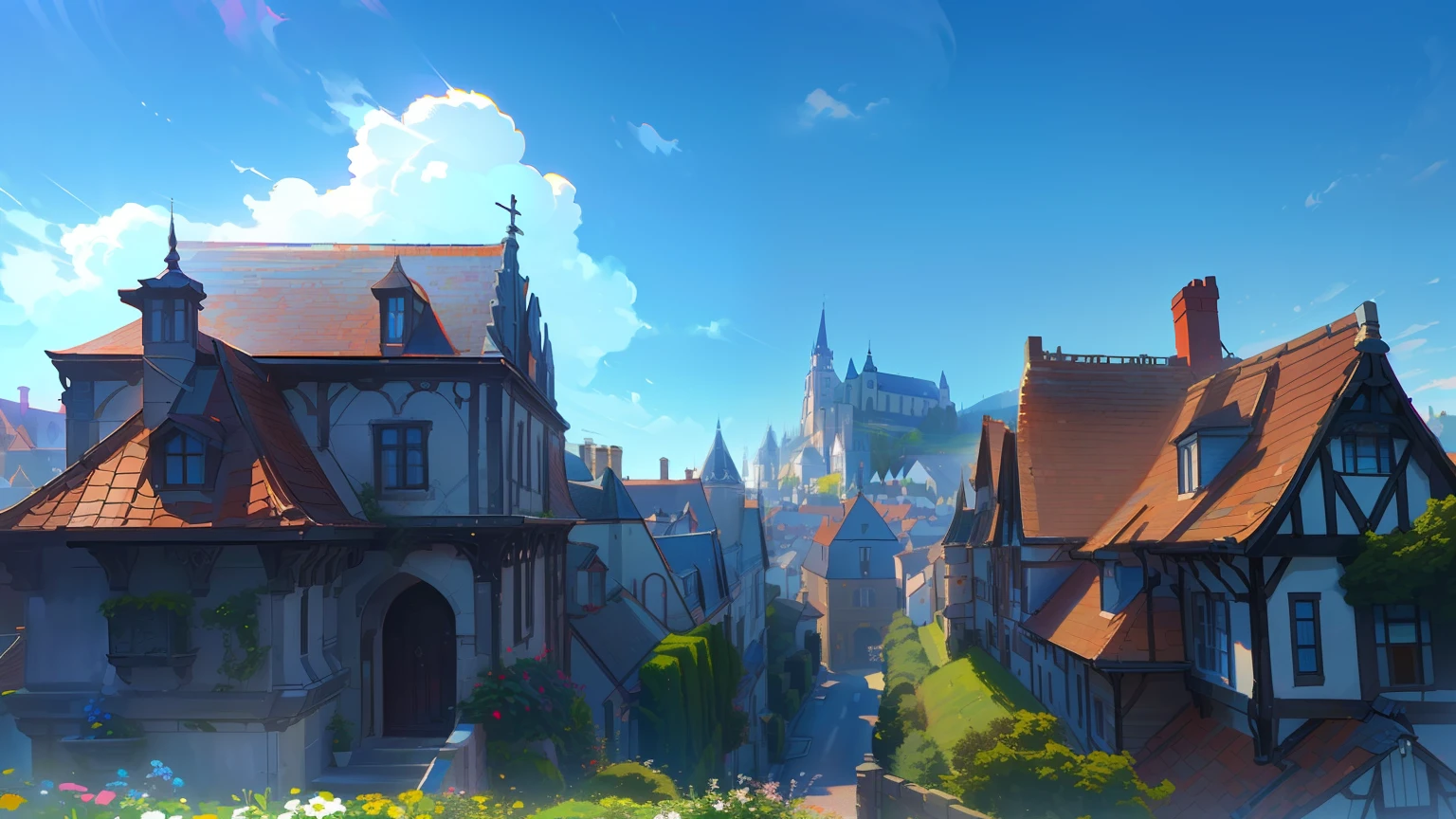 T Bokeh, Depth of Field, HDR, Bloom, Chromatic Aberration, and Intricat (illustration: 1.0), epic composition, realistic lighting, HD details, masterpiece, best quality, (very detailed CG unified 8k wallpaper), medieval european city, flowers, houses, red roofs, sunny day