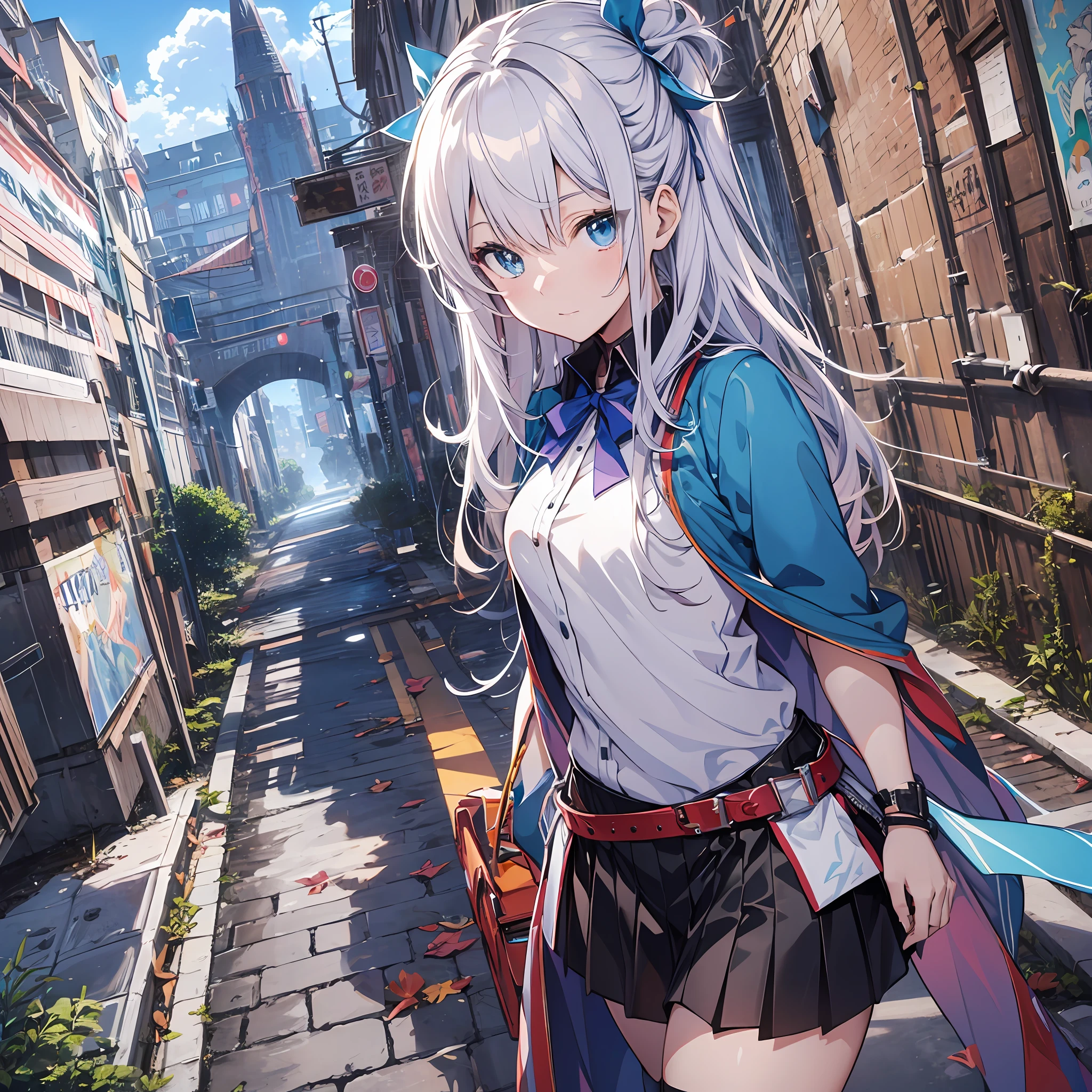 ((Best Quality, 8K, Best Masterpiece)) Anime characters with long gray hair and blue eyes, Anime visuals of young women, Today's featured anime stills, God of White Hair, official art, cute girl anime visuals, Popular isekai anime, Tsuaii, Marisa Kirigami, Anime movies, TV anime still, Isekai, Hestia, Albedo of Anime Overlord Transparency 16 years old　Blue small ribbon mini skirt sexy in hair