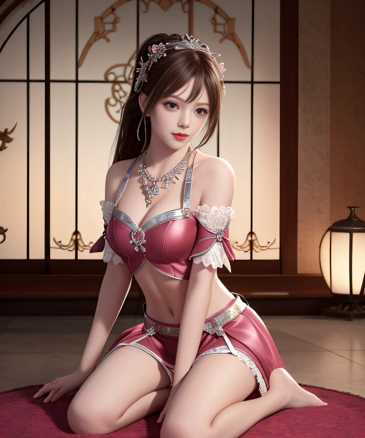 Goddess, Best Quality, Masterpiece, High Resolution, 1Girl, Porcelain Dress, Hair Accessories, Necklace, Jewelry, Beautiful Face, Chained Body Restraint, Hands Hanging, Tyndall Effect, Realism, Edge Lighting, Two-tone Lighting, (High Detail Skin: 1.2), 8K UHD, DSLR, Soft Light, High Quality, Volume Light, Voyeur, Photo, High Resolution, 4K, 8K, Vampire, Best Full Body Quality, Masterpiece, High Resolution, 1 Girl, Ancient Armor, Pink Metal Skinny Armor, Chest Pattern,,Single ponytail, hair accessory, necklace, jewelry, beautiful face, upon_body, belly exposed, arms exposed, tyndall effect, stockings, realistic, edge lighting, two-tone illumination, (high detail skin: 1.2), 8k ultra hd, DSLR camera, soft lighting, high quality, volumetric lighting, frank, photos, high resolution, lace stockings, sitting in chair, barefoot