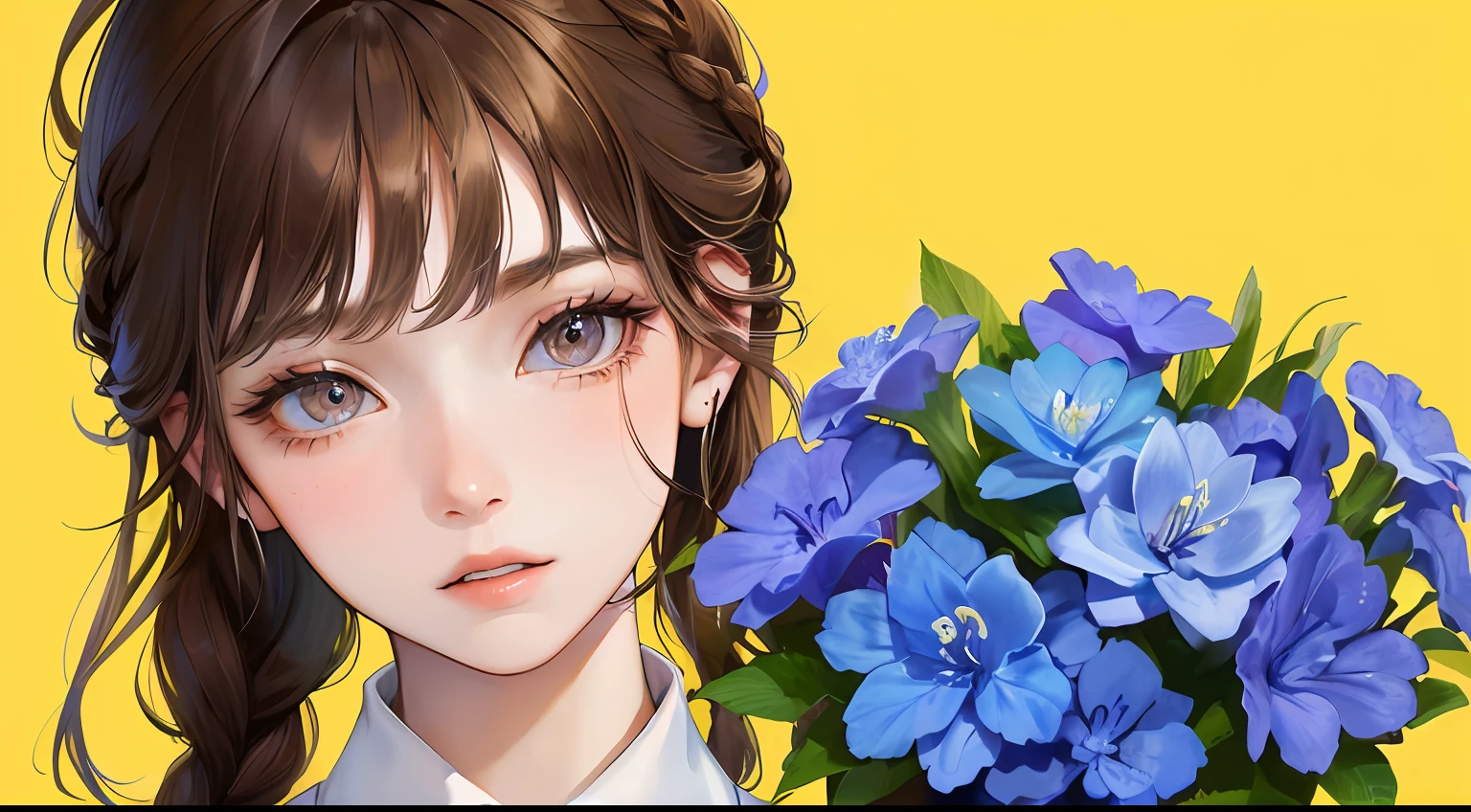(highest resolution, distinct_image) Best quality, ((1 woman))), masterpiece, blue bouquet, very detailed, yellow background, semi-realistic, brown hair, braided hairstyle, troubled face, bangs, 21 years old, mature, young, white shirt, outdoors, delicate facial features, facial features, mid-shot,