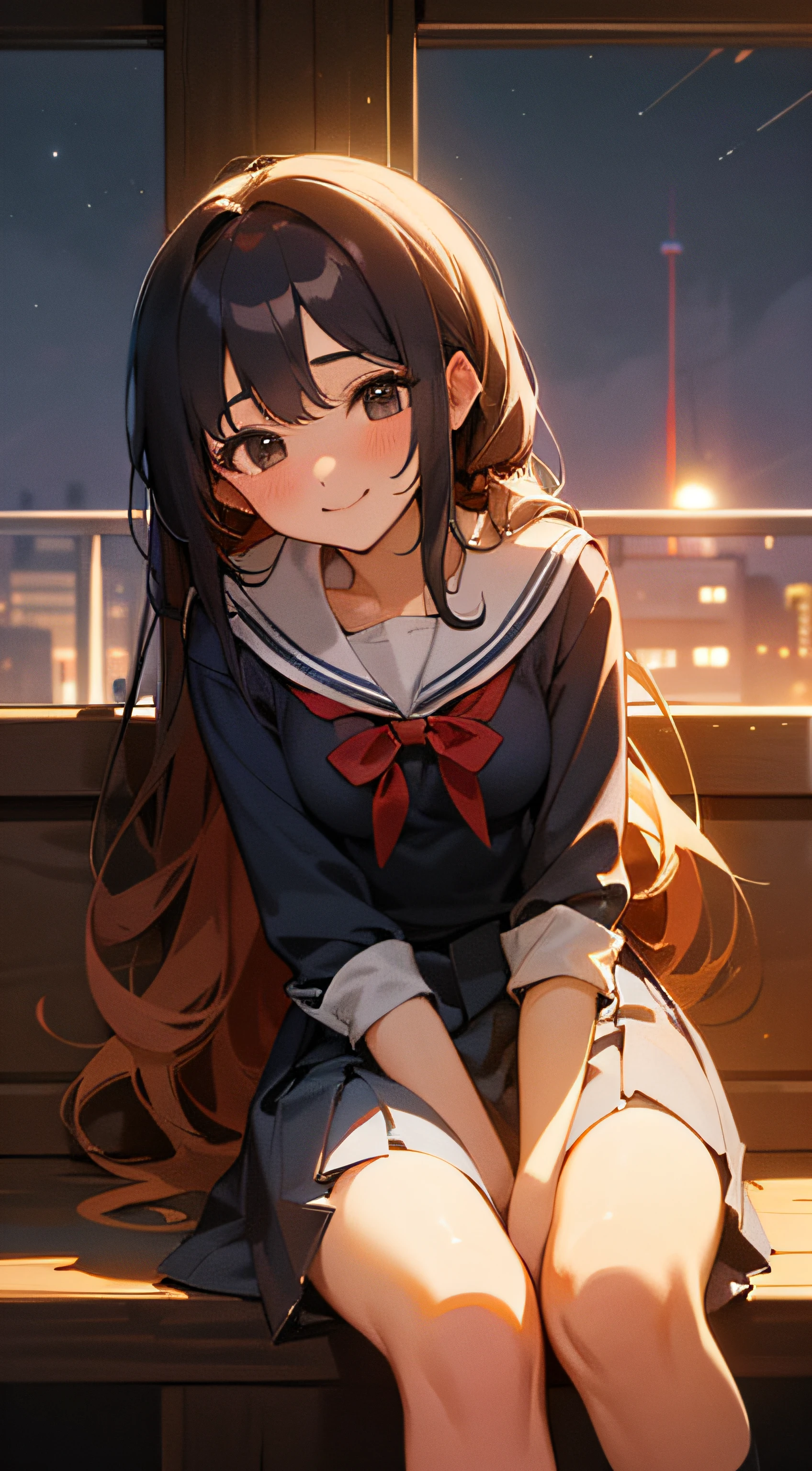 8K, Best Quality, Masterpiece: 1.2) , Super Detail, 1 Girl, Cute, Indie, Beautiful Details Sky, Detail Cafe, Evening, Sit Down, Dating, (Nose Red) , Sweet Smile, (Smile: 1.15) , (Shut Up) Small Tits, Small Beautiful Detail Eyes , Night, Wet, School Uniform, Long Hair, Flowing Hair,
